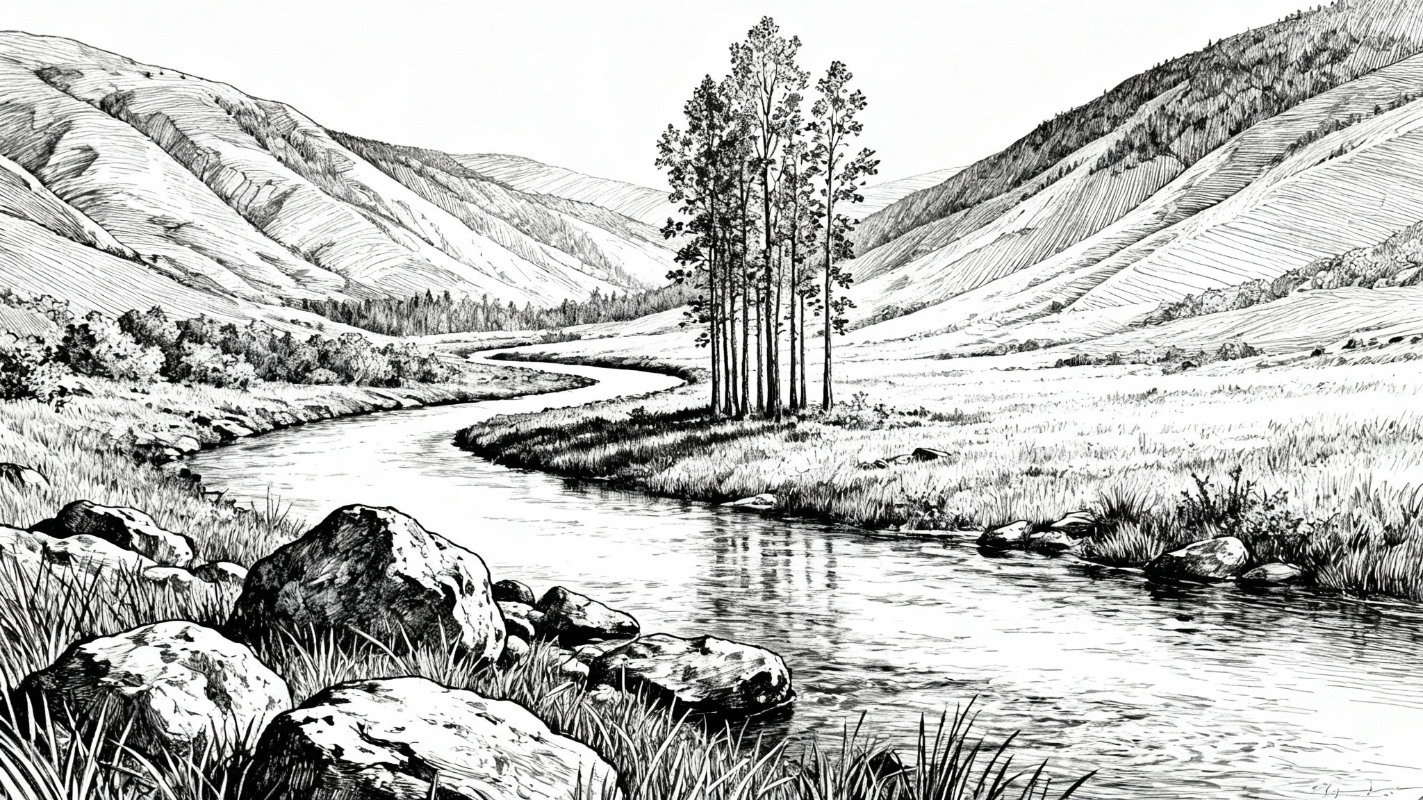 A highly detailed, black and white pen and ink illustration of a peaceful landscape. A river winds through a valley, with detailed rocks in the foreground, tall trees in the middle, and cross-hatched hills in the background, creating a sense of depth.