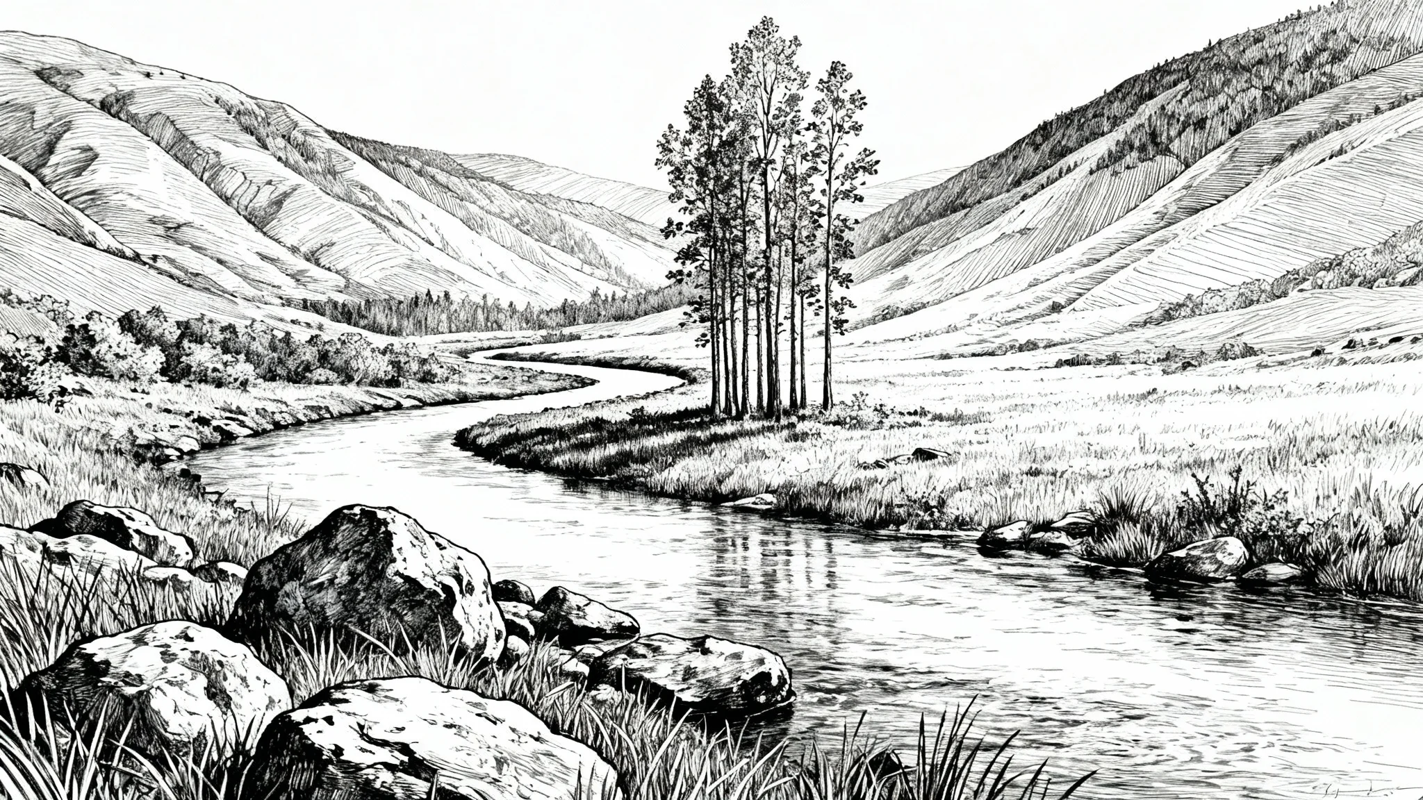 A highly detailed, black and white pen and ink illustration of a peaceful landscape. A river winds through a valley, with detailed rocks in the foreground, tall trees in the middle, and cross-hatched hills in the background, creating a sense of depth.