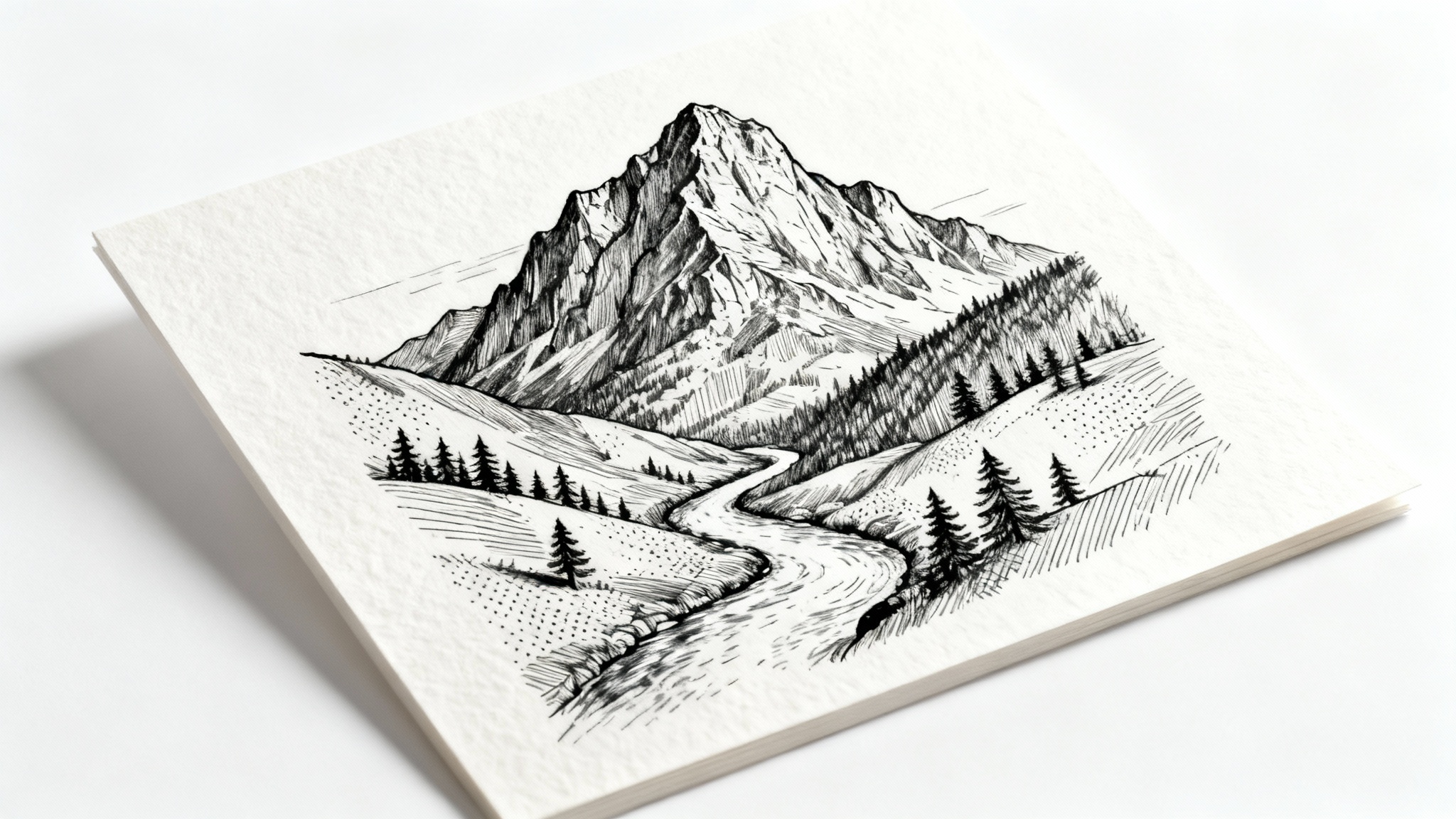 A detailed pen and ink drawing of a mountain and river landscape, showcasing fine line work and cross-hatching, presented on a white background.