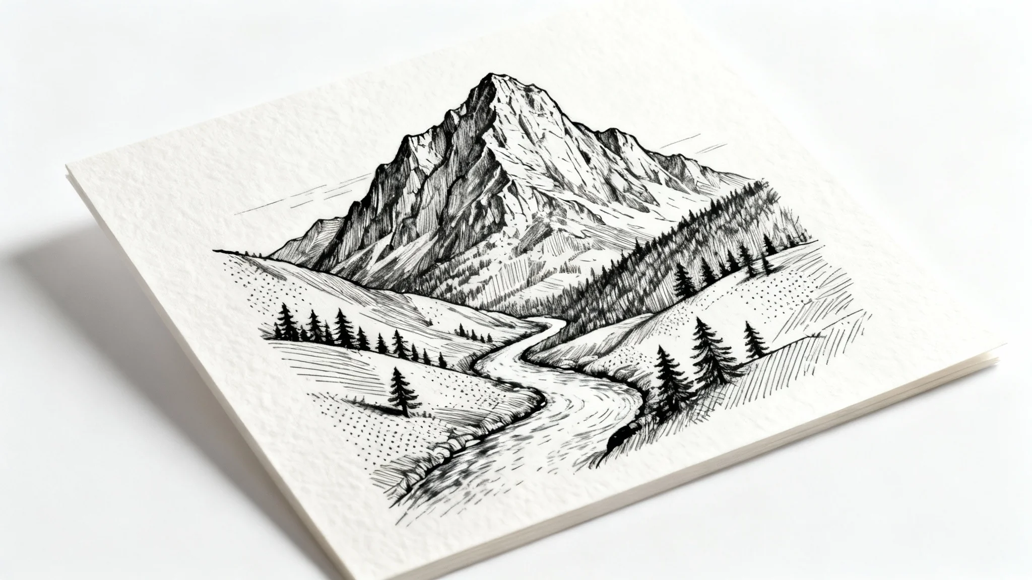 A detailed pen and ink drawing of a mountain and river landscape, showcasing fine line work and cross-hatching, presented on a white background.