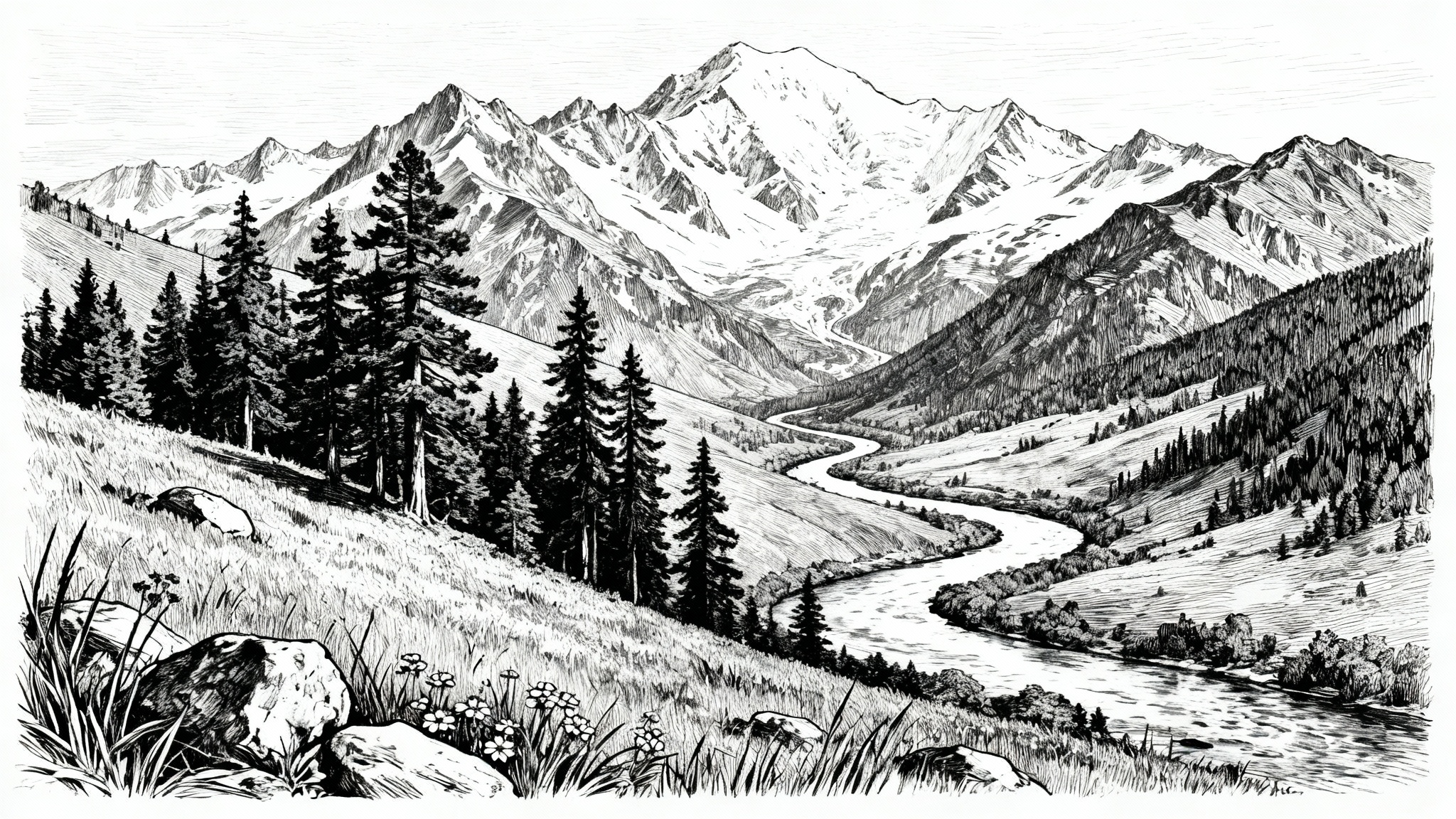 A black and white pen and ink drawing of a mountain landscape. It features a winding river, pine trees, and detailed foliage, all rendered with intricate linework on a plain white background.