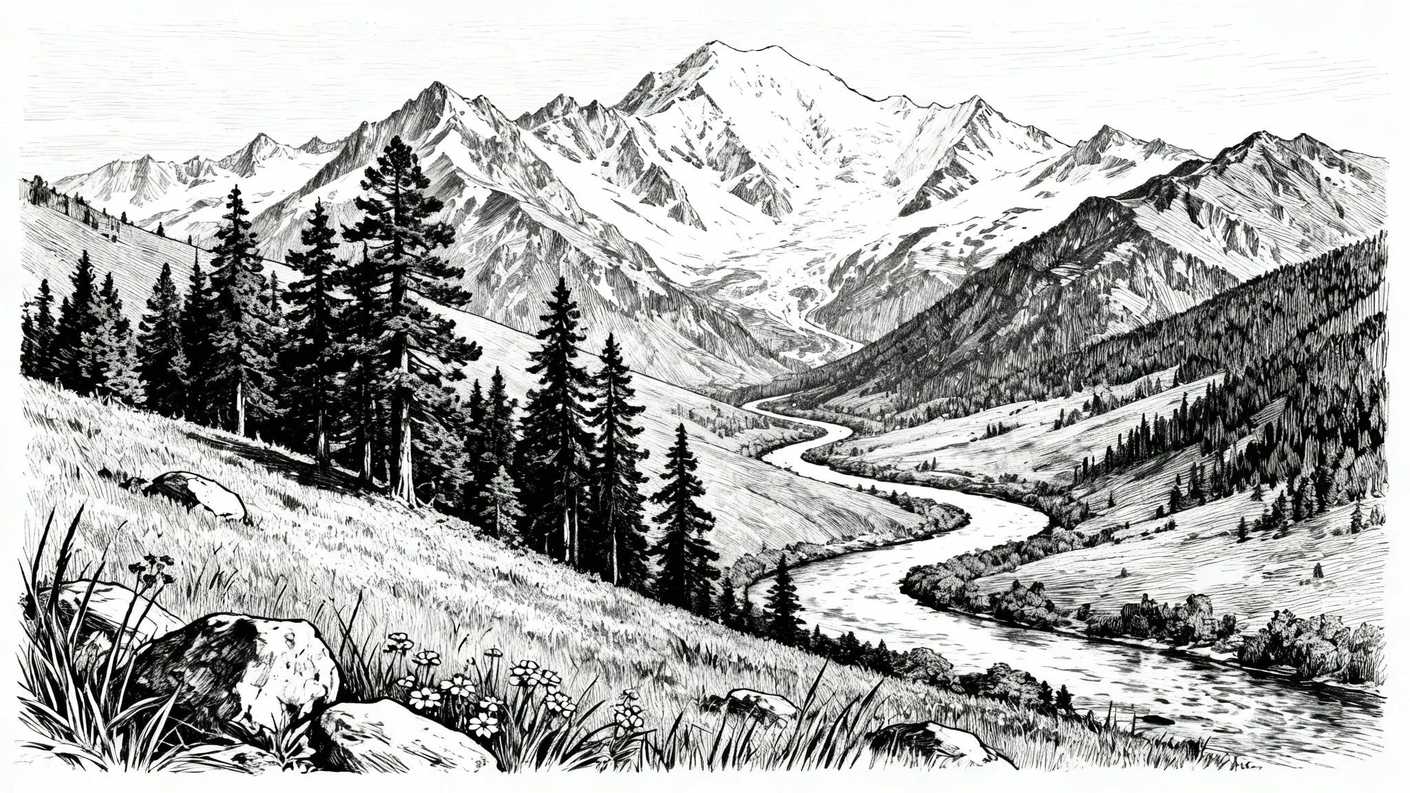 A black and white pen and ink drawing of a mountain landscape. It features a winding river, pine trees, and detailed foliage, all rendered with intricate linework on a plain white background.