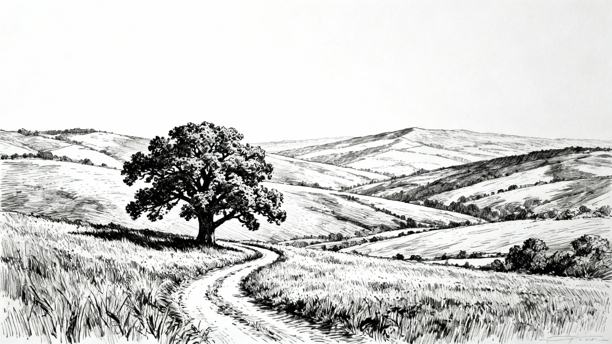 A detailed black and white pen and ink drawing of a rolling landscape with a large tree and a winding path, displayed on a solid white background.