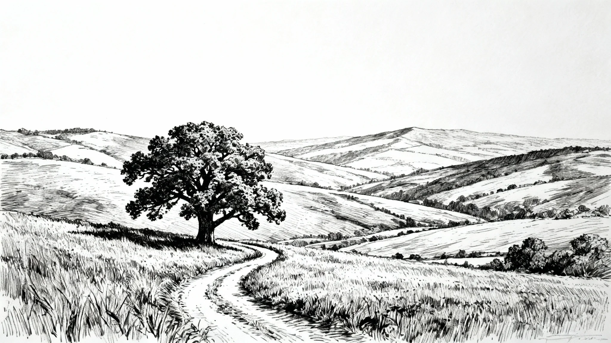 A detailed black and white pen and ink drawing of a rolling landscape with a large tree and a winding path, displayed on a solid white background.