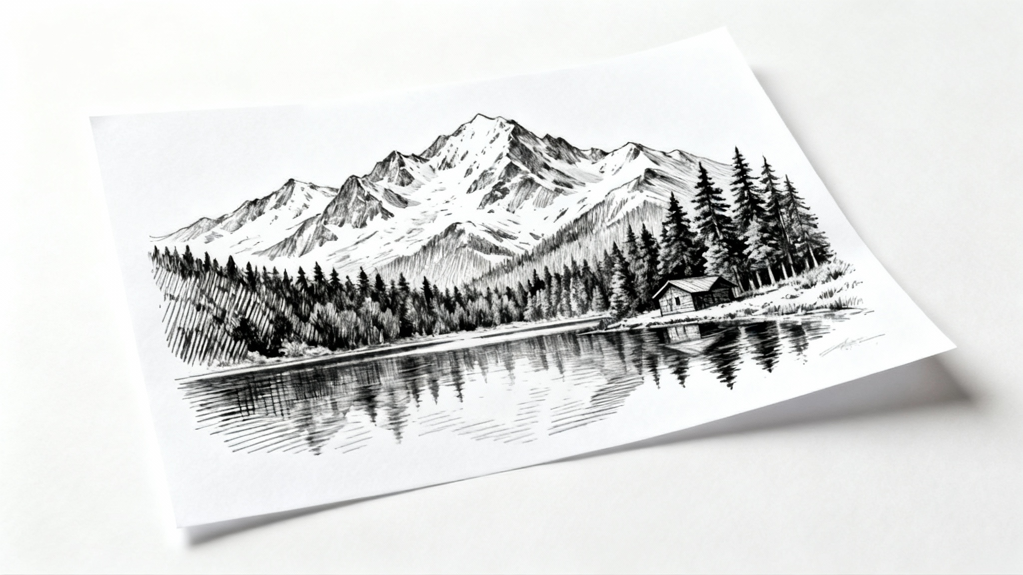 A detailed pen and ink drawing of a mountain and lake landscape with a small cabin, presented on a sheet of paper against a clean white background.
