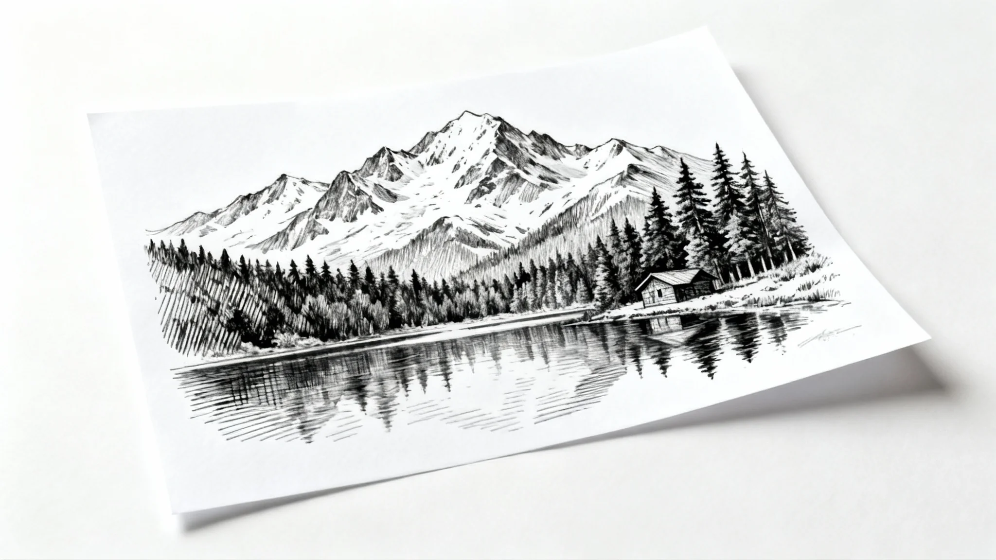 A detailed pen and ink drawing of a mountain and lake landscape with a small cabin, presented on a sheet of paper against a clean white background.