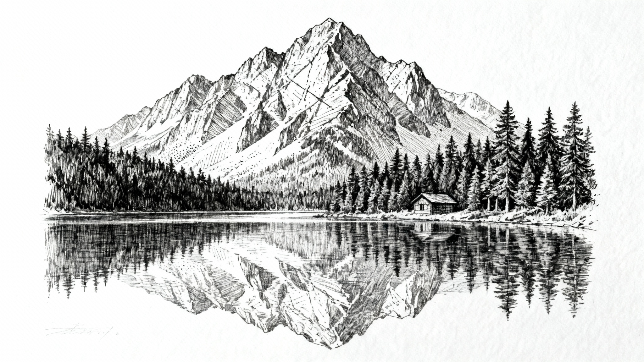 A highly detailed pen and ink drawing of a mountain landscape with a lake and a cabin, presented as a professional art mockup on a white background.