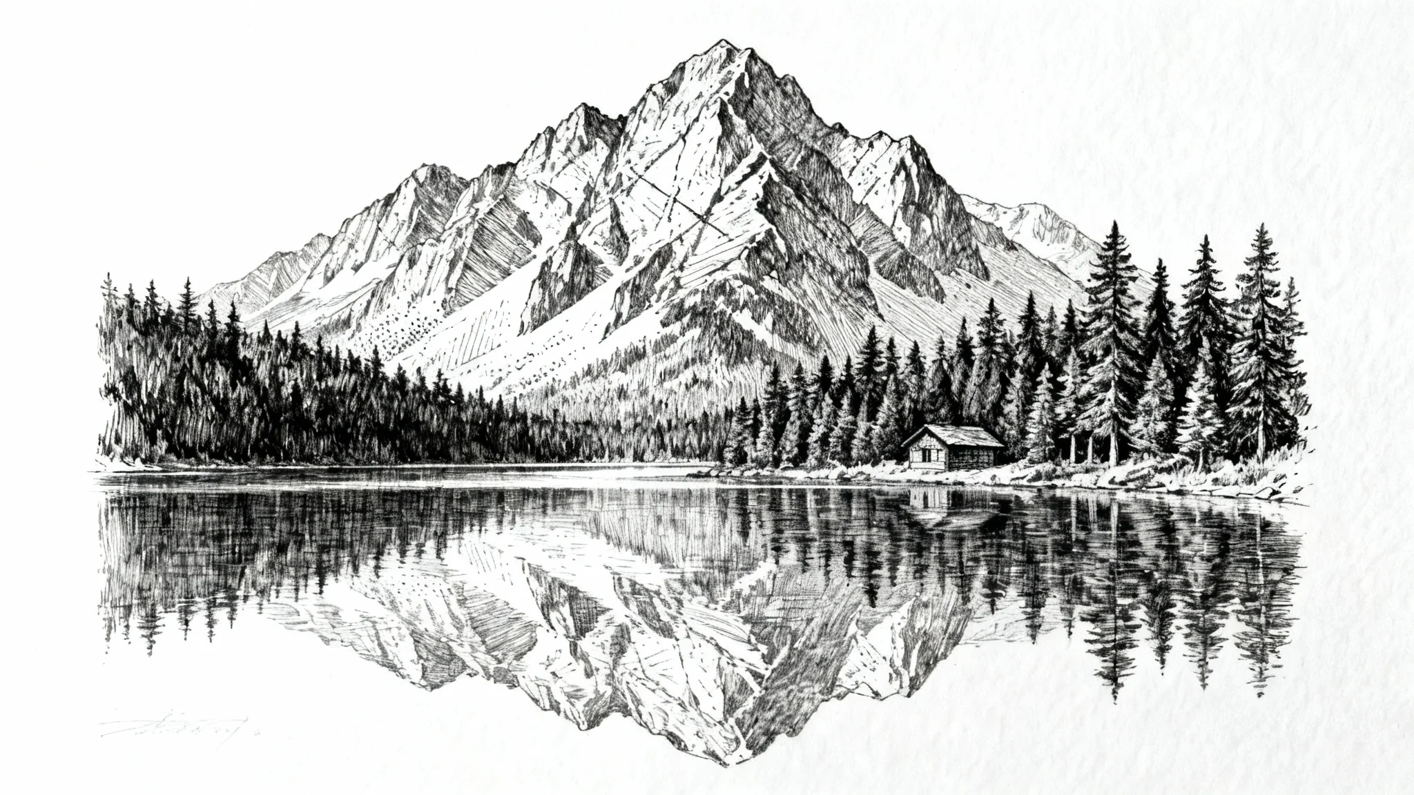 A highly detailed pen and ink drawing of a mountain landscape with a lake and a cabin, presented as a professional art mockup on a white background.