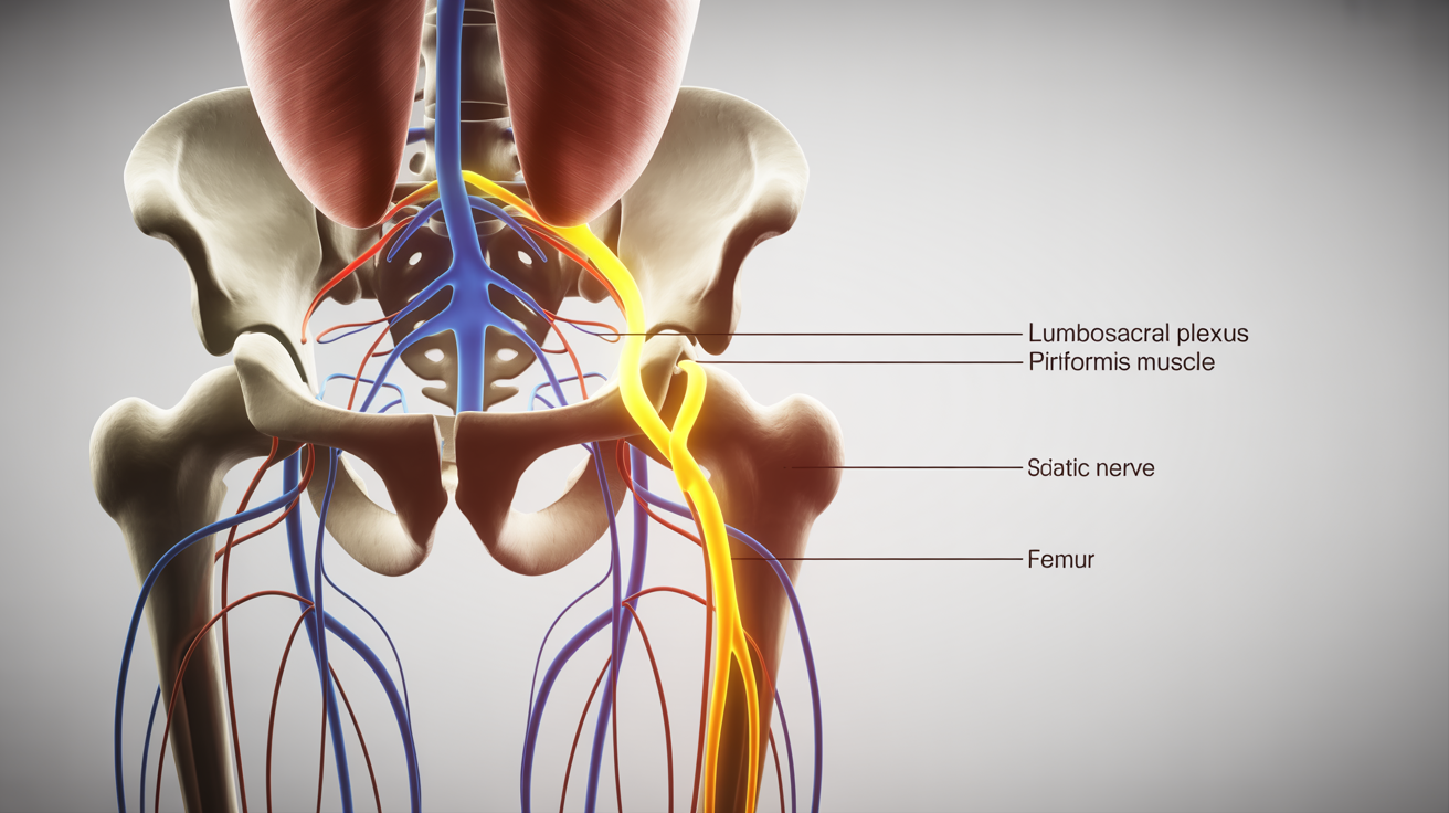 A detailed 16:9 medical illustration showing the path of the human sciatic nerve in a 3D rendered style. The nerve is highlighted in glowing yellow as it travels from the lower spine down the back of the leg, with muscles and bones visible and labeled for educational purposes.