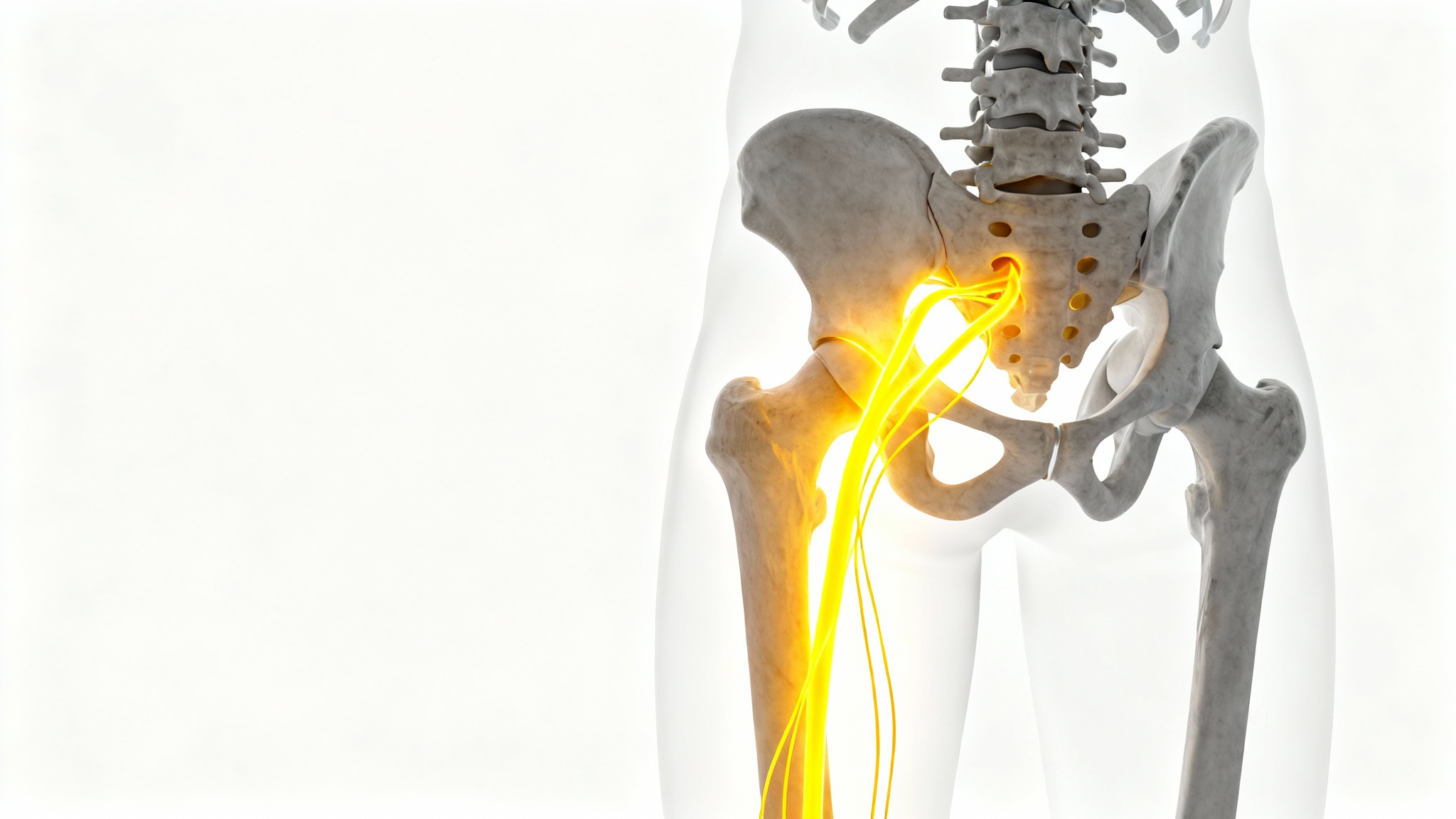 A detailed medical diagram illustrating the path of the sciatic nerve, highlighted in yellow, as it runs from the lower spine down the back of the leg. The surrounding pelvic bones and muscles are also shown against a white background.
