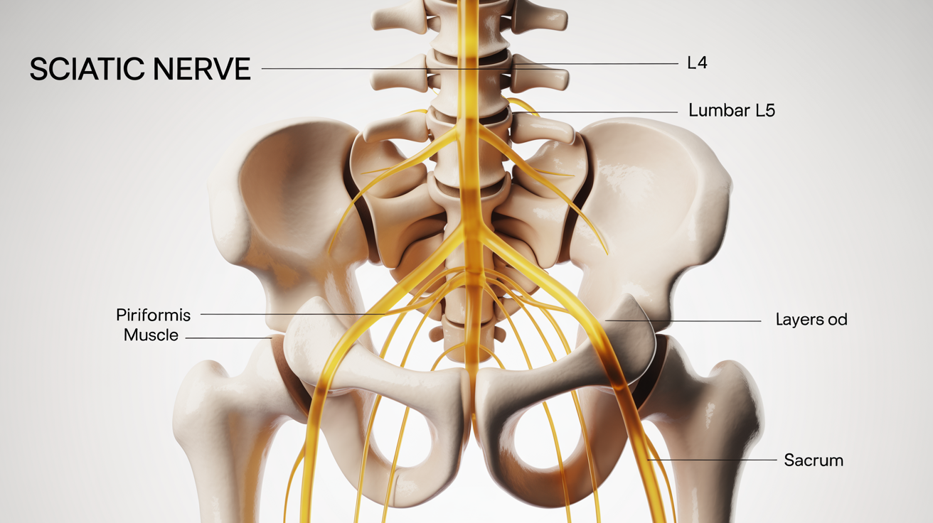 A clear, modern medical diagram showing the path of the sciatic nerve from the lower spine down the back of the leg, with key parts labeled against a white background.