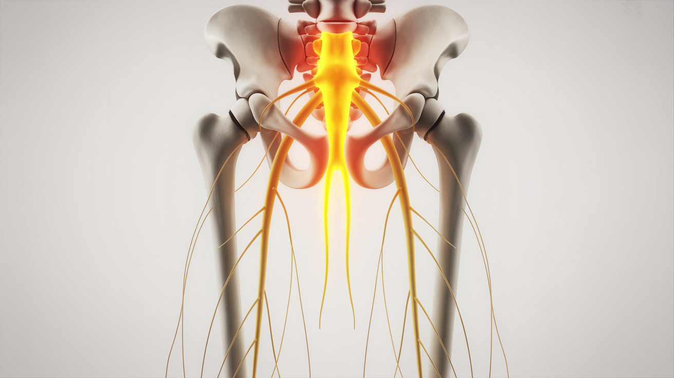 A clear, anatomical diagram showing the path of the sciatic nerve from the lower spine down the back of the leg, with key structures like the piriformis muscle and lumbar spine labeled for educational purposes.