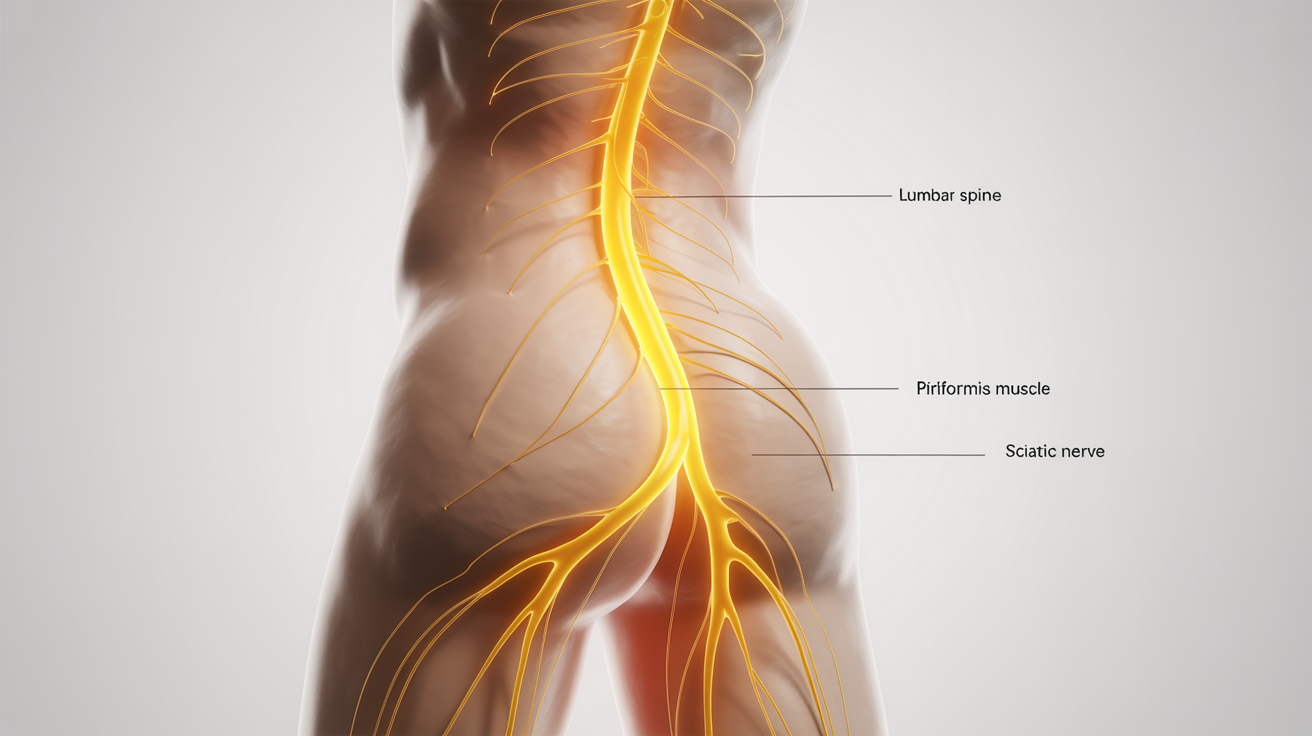 A clear and detailed anatomical diagram showing the path of the sciatic nerve, originating from the lower spine and traveling down the back of the leg. Key structures are labeled for educational purposes.