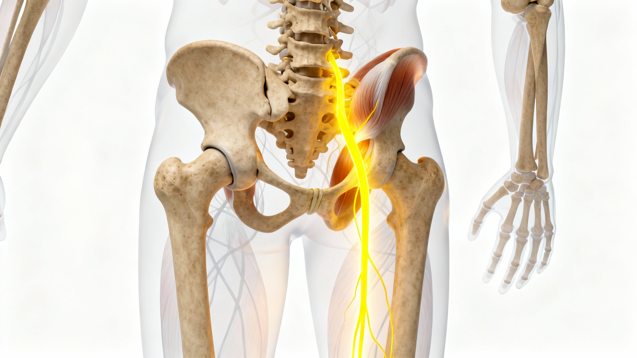 A clear, professional medical diagram showing the path of the sciatic nerve from the lower spine down the back of the human leg, with the nerve highlighted in yellow.