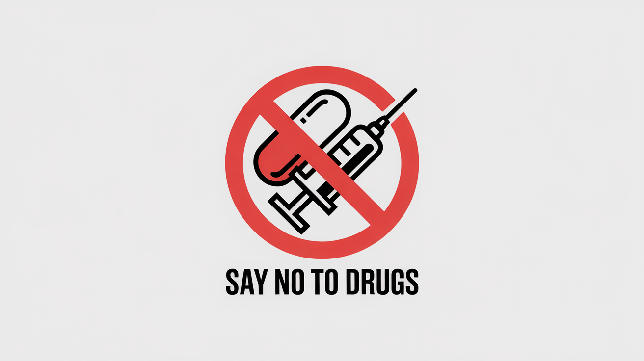A minimalist 'Say No To Drugs' logo featuring a pill and syringe inside a red prohibition symbol, set against a clean white background.