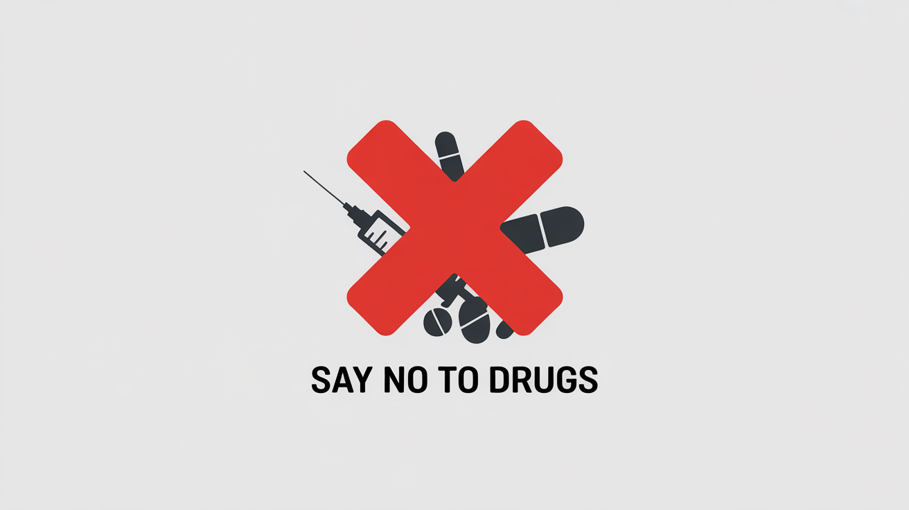 A 'Say No to Drugs' logo mockup on a white background. The logo shows a bold red 'X' over silhouettes of a syringe and pills, with the text 'SAY NO TO DRUGS' written underneath.