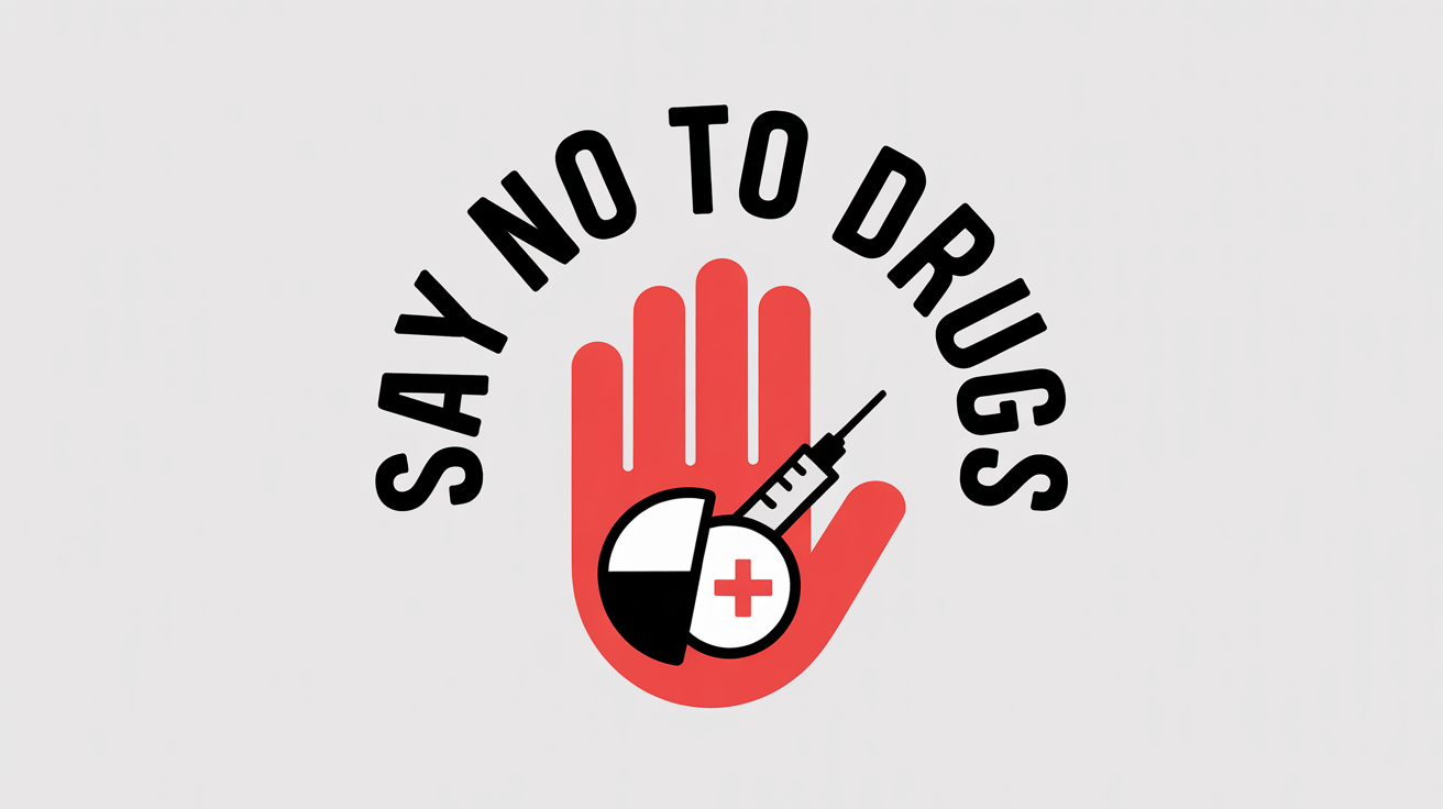 A modern 'Say No To Drugs' logo featuring a red stop hand pushing away a broken pill and a crossed-out syringe, all within a circular emblem on a white background.