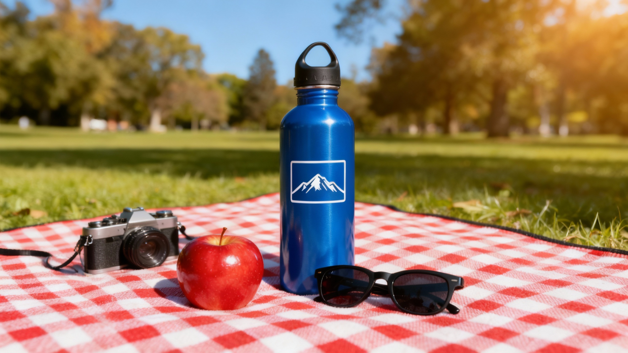 A vibrant blue water bottle with a white outline sticker of a mountain range, sitting on a picnic blanket in a park on a sunny day.