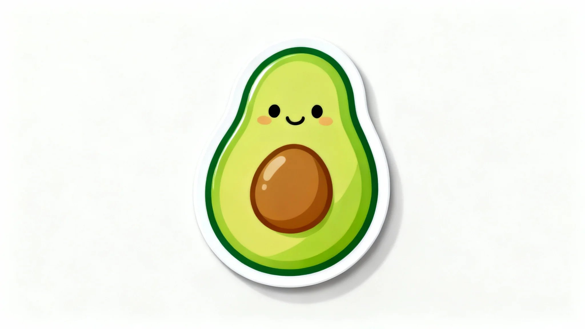 A cute cartoon avocado sticker with a thick white outline, displayed as a product mockup on a clean white background.
