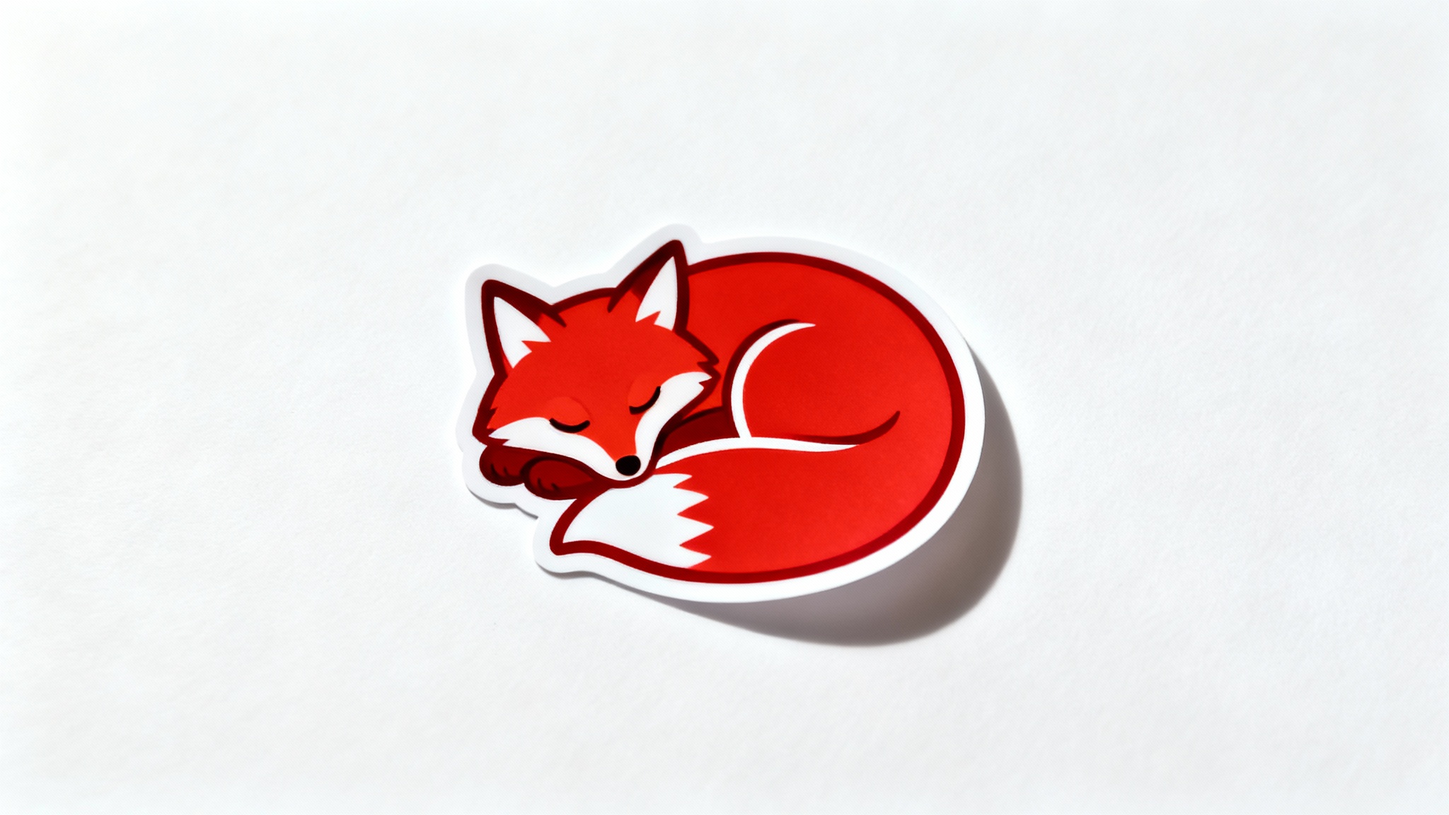 A cute sticker of a sleeping red fox, featuring a thick white border, displayed on a clean white background as a product mockup.