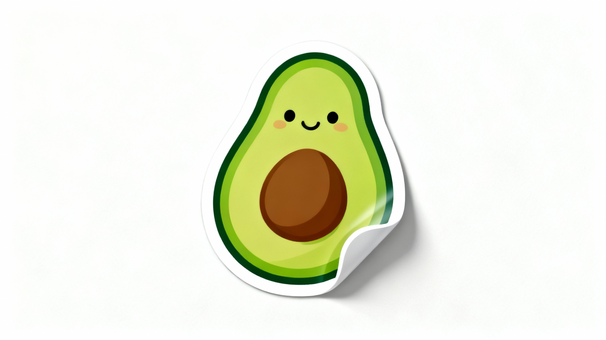 A die-cut sticker of a smiling cartoon avocado with a thick white outline, set against a clean white background, with one edge slightly curled.