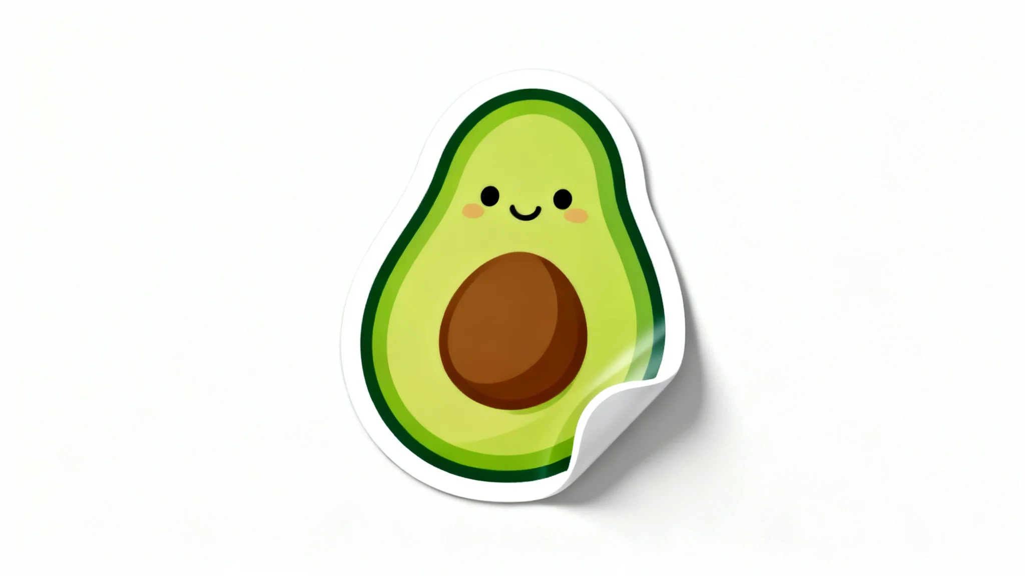 A die-cut sticker of a smiling cartoon avocado with a thick white outline, set against a clean white background, with one edge slightly curled.