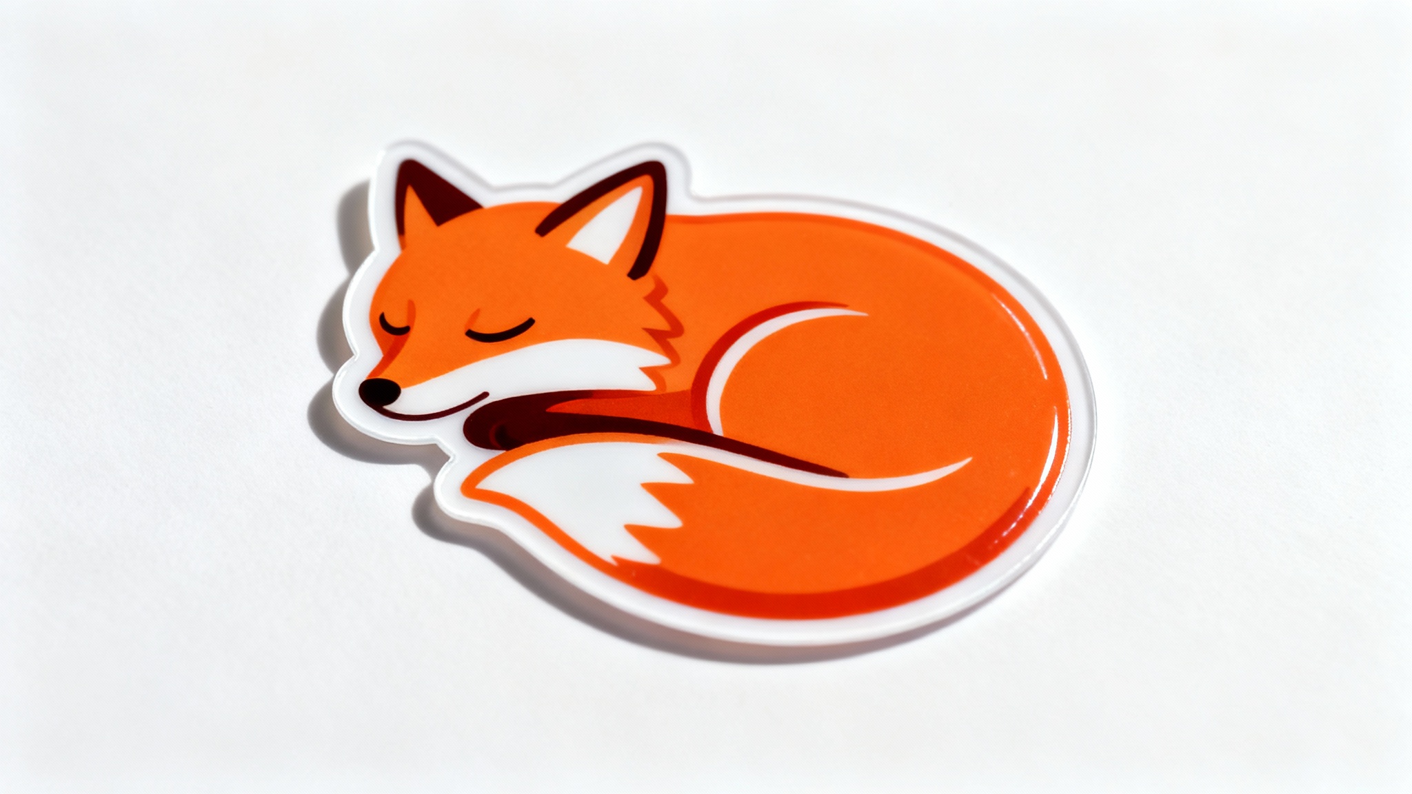 A close-up product mockup of a die-cut sticker featuring a sleeping orange fox. The sticker has a thick white border and casts a soft shadow on a clean white background.