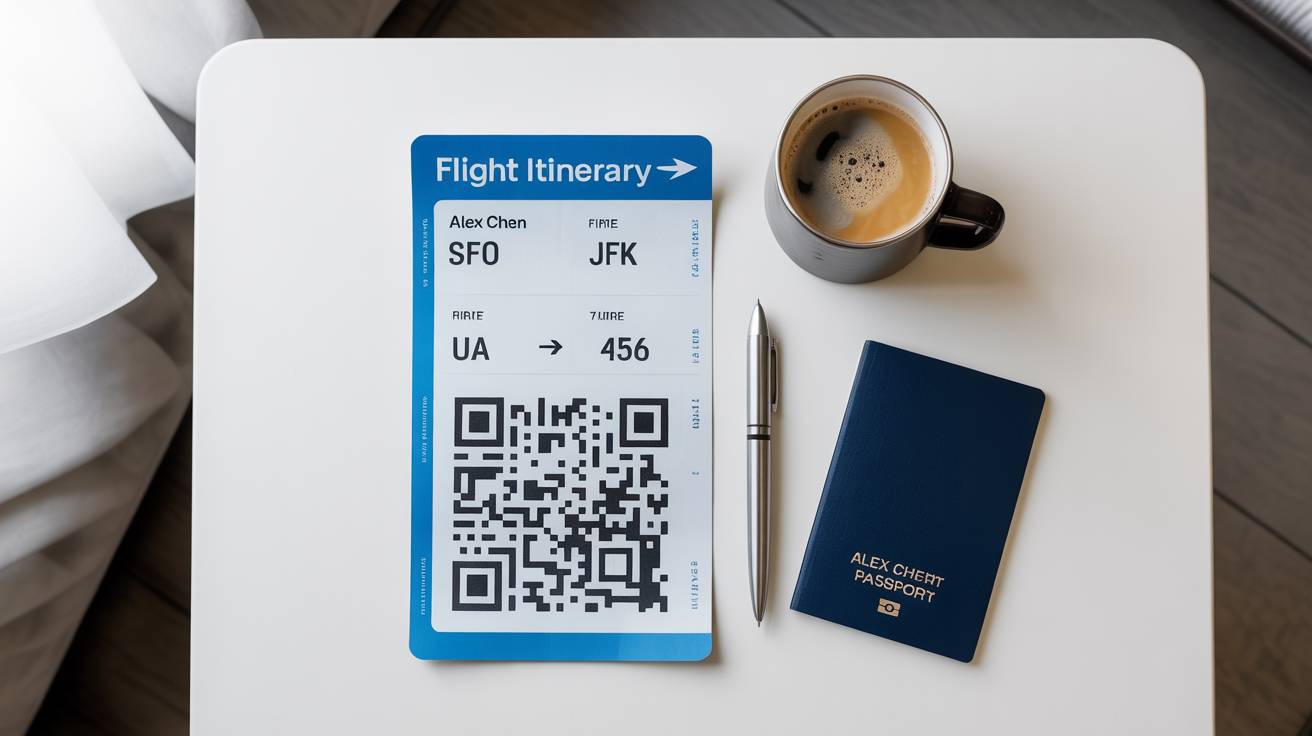 A professionally designed flight itinerary document for a trip from San Francisco to New York, laid out on a clean white desk next to a passport and a cup of coffee.