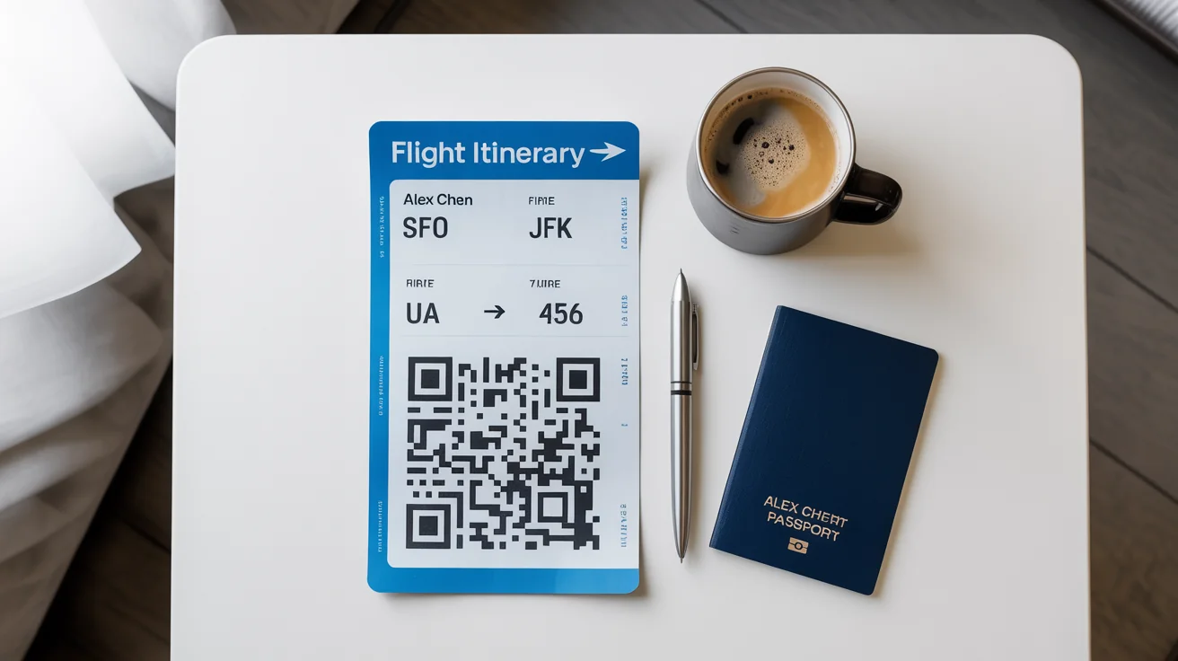 A professionally designed flight itinerary document for a trip from San Francisco to New York, laid out on a clean white desk next to a passport and a cup of coffee.