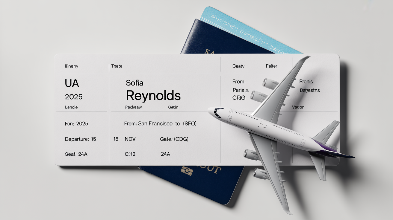 A flat lay of a modern flight itinerary for a trip to Paris, placed next to a passport and a small airplane model on a clean white background.