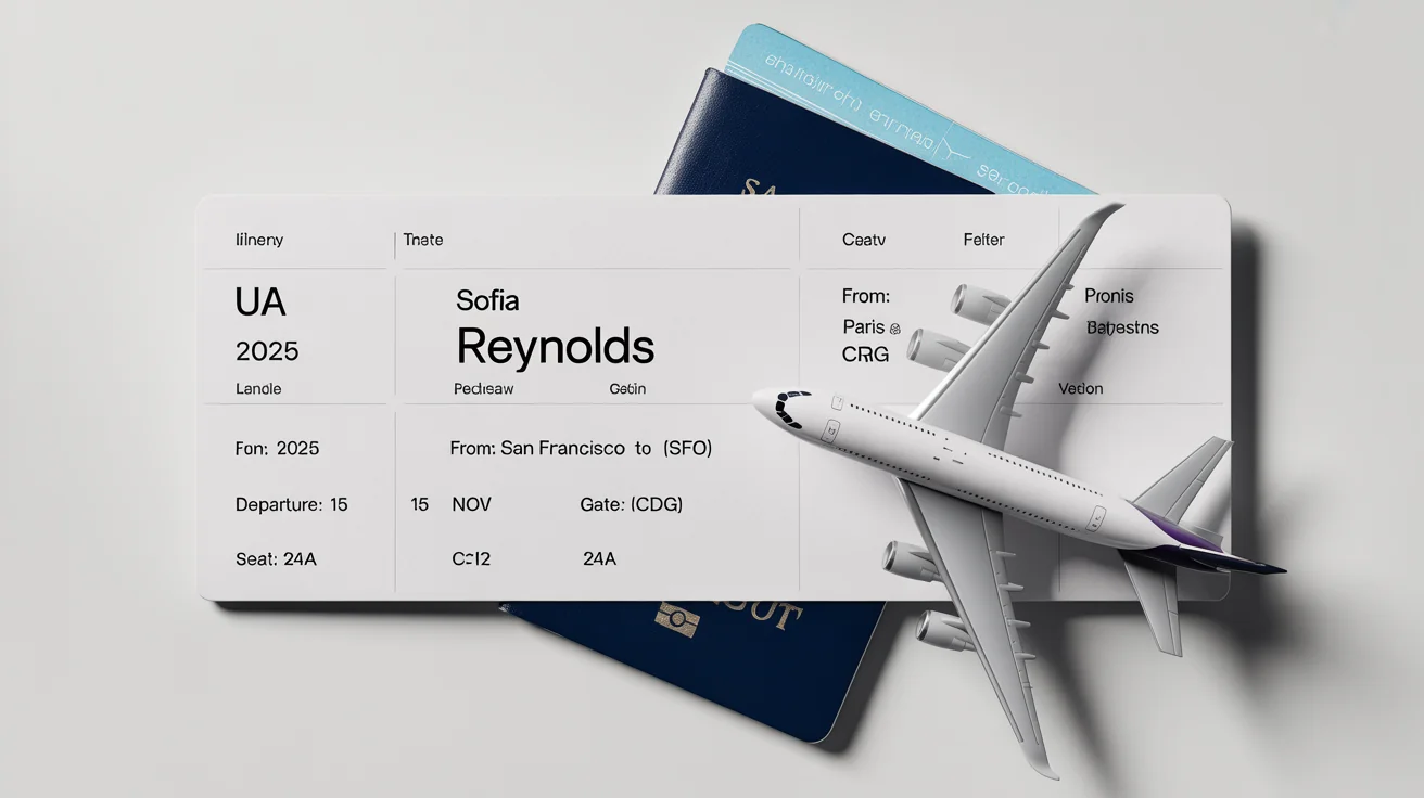 A flat lay of a modern flight itinerary for a trip to Paris, placed next to a passport and a small airplane model on a clean white background.
