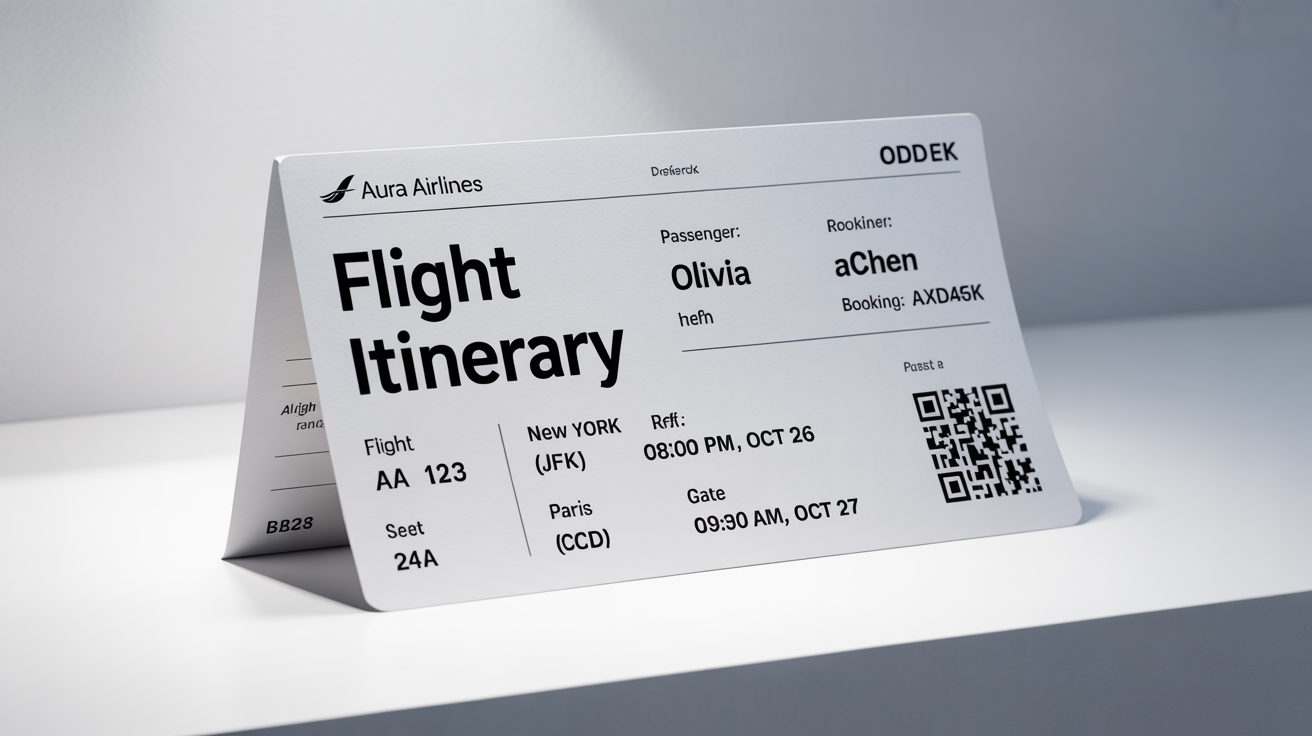 A mockup of a modern flight itinerary for a trip from New York to Paris, showing flight details, passenger name, and a QR code on a white background.