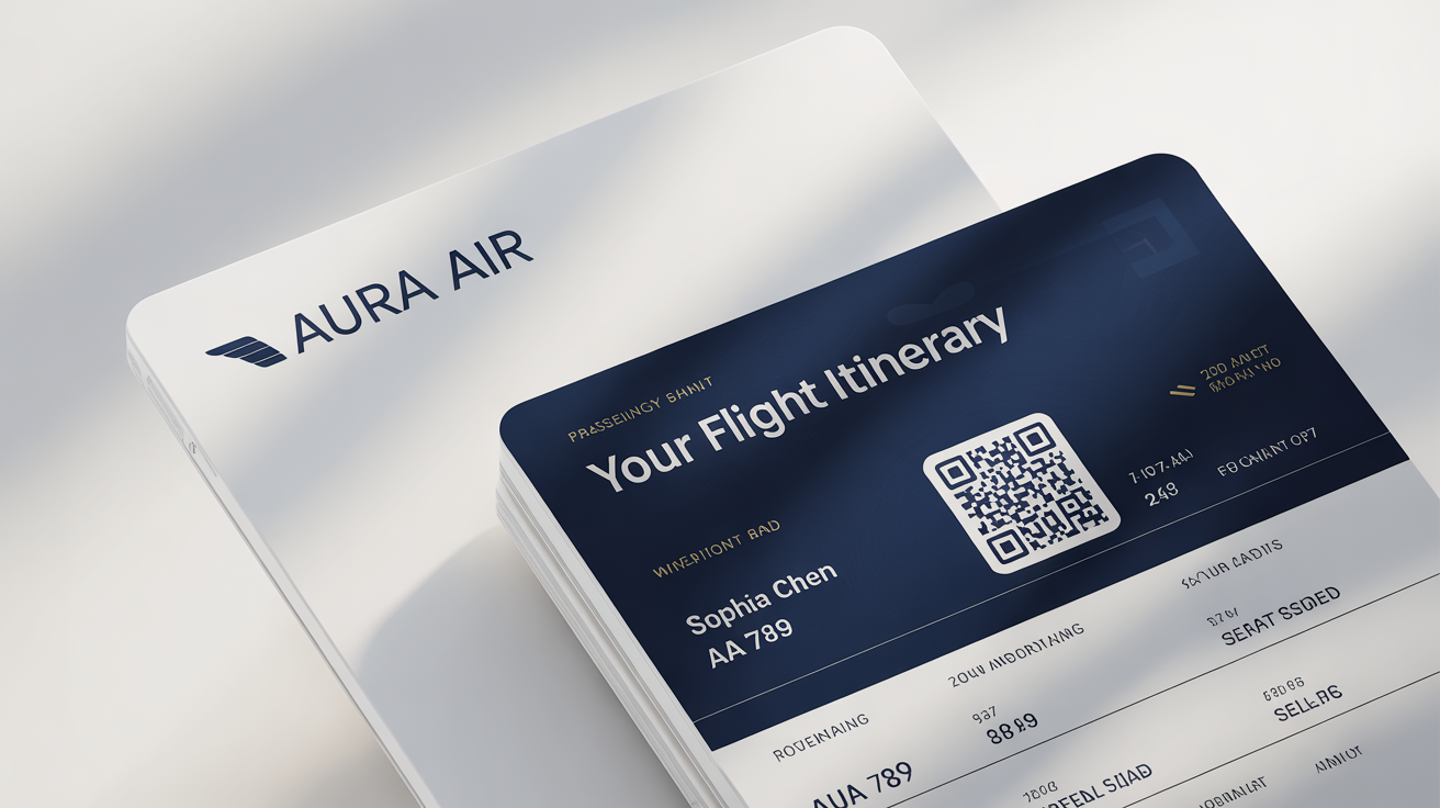 A mockup of a professionally designed, modern flight itinerary for a business class trip from San Francisco to Tokyo, laid out on a white background.