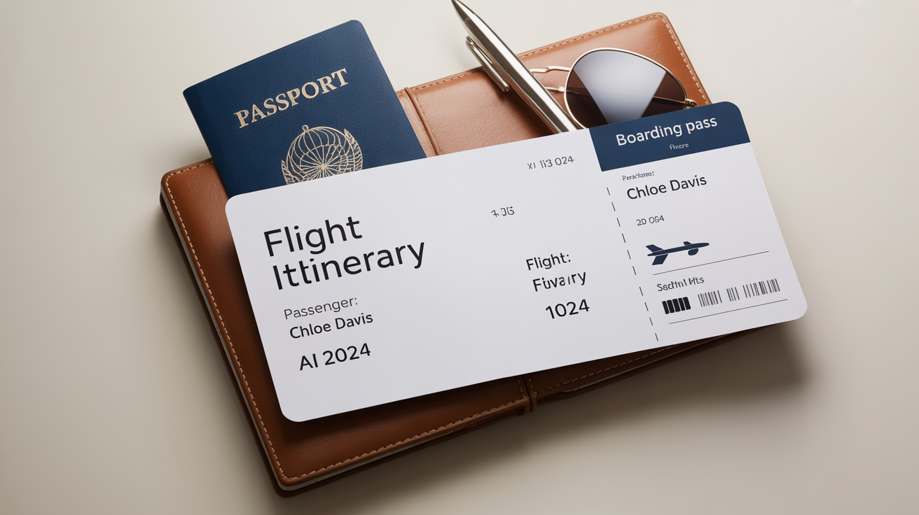 A mock flight itinerary for a trip to Paris, neatly laid out on a white surface next to a passport and a boarding pass, symbolizing organized travel planning.