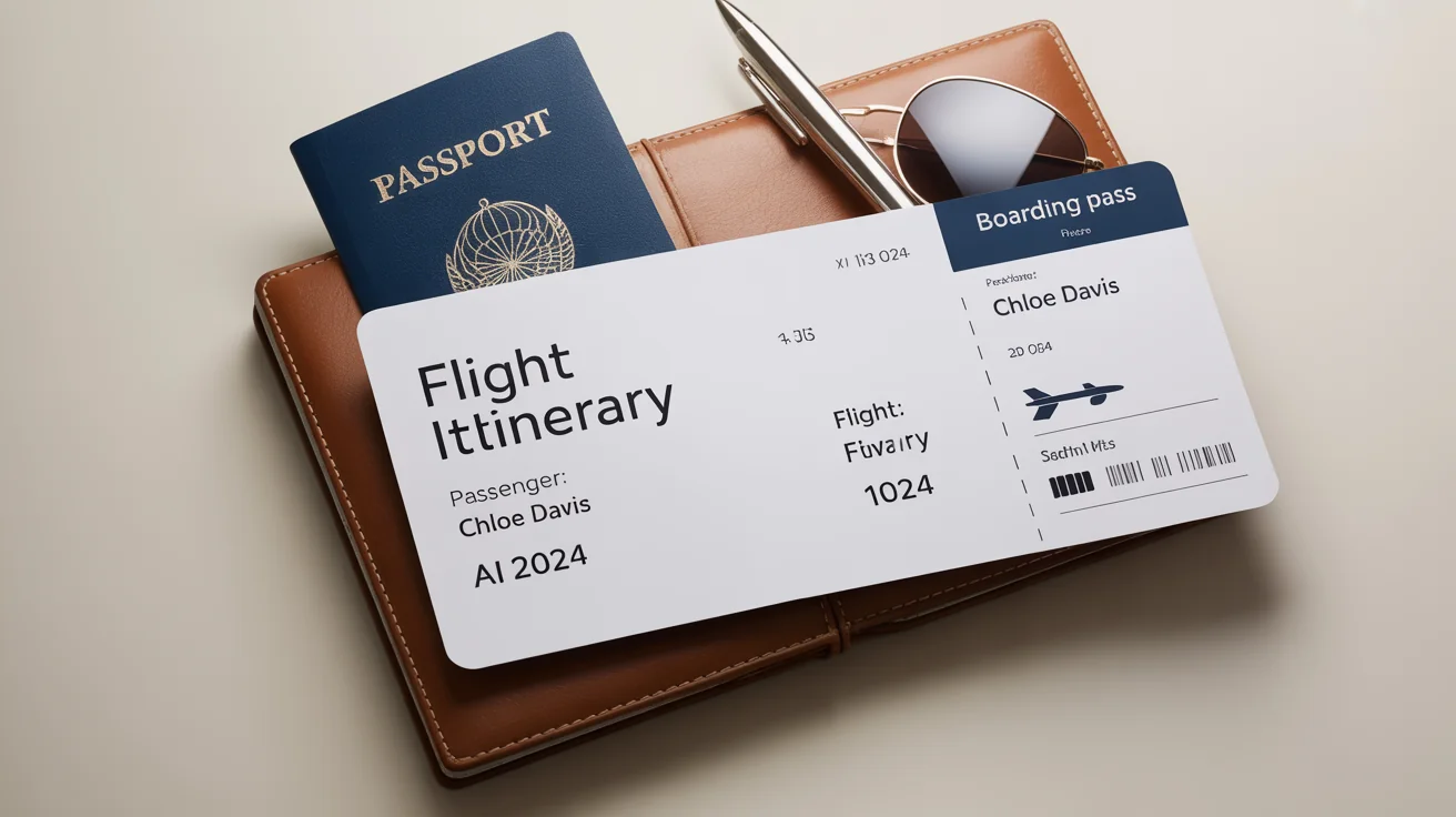 A mock flight itinerary for a trip to Paris, neatly laid out on a white surface next to a passport and a boarding pass, symbolizing organized travel planning.