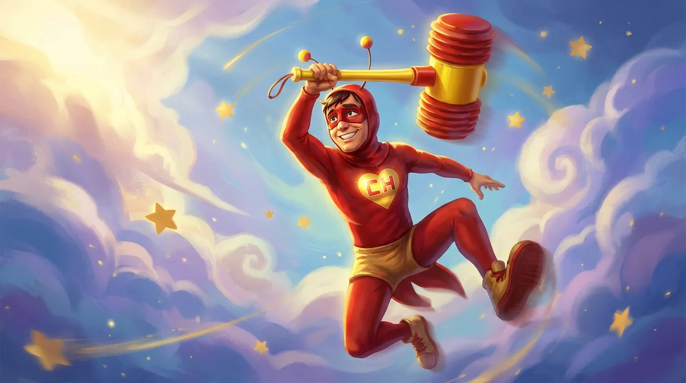 A dynamic digital fan art painting of Chapulín Colorado in a 16:9 aspect ratio. He is shown leaping through the air against a whimsical, starry sky, holding his Squeaky Hammer with a heroic and playful look.