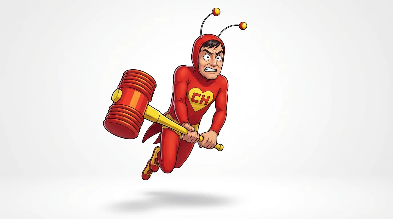 Vibrant digital illustration of El Chapulín Colorado leaping into action with his squeaky hammer, depicted in a modern fan art style against a clean white background.