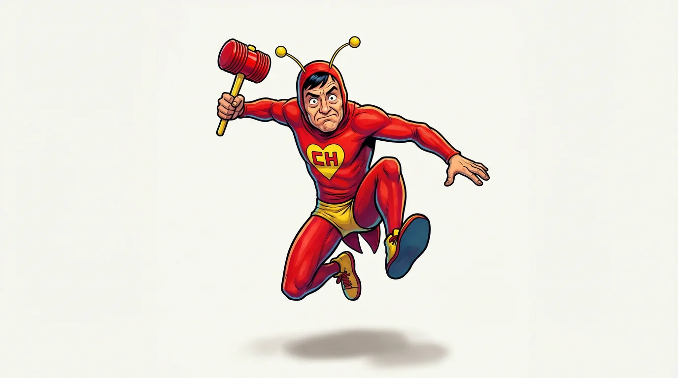 A vibrant digital fan art illustration of El Chapulín Colorado in his red suit, leaping into action with his hammer against a clean white background.