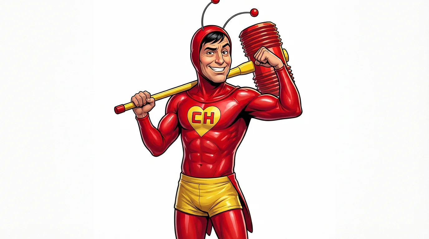 A vibrant digital fan art illustration of El Chapulín Colorado in his classic red suit, heroically posing with his 'Chipote Chillón' hammer against a white background.