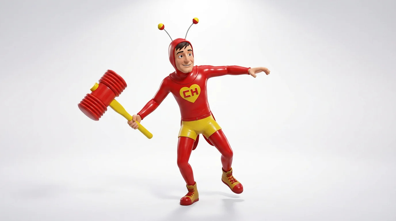 A 3D fan art render of the superhero El Chapulín Colorado, posing heroically in his iconic red suit with a yellow heart and holding his giant toy hammer against a clean white background.