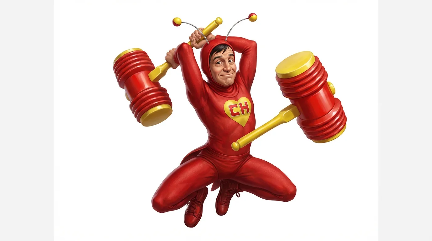 A digital fan art illustration of El Chapulín Colorado in his classic red suit with a yellow heart, posing heroically with his giant red and yellow hammer against a white background.