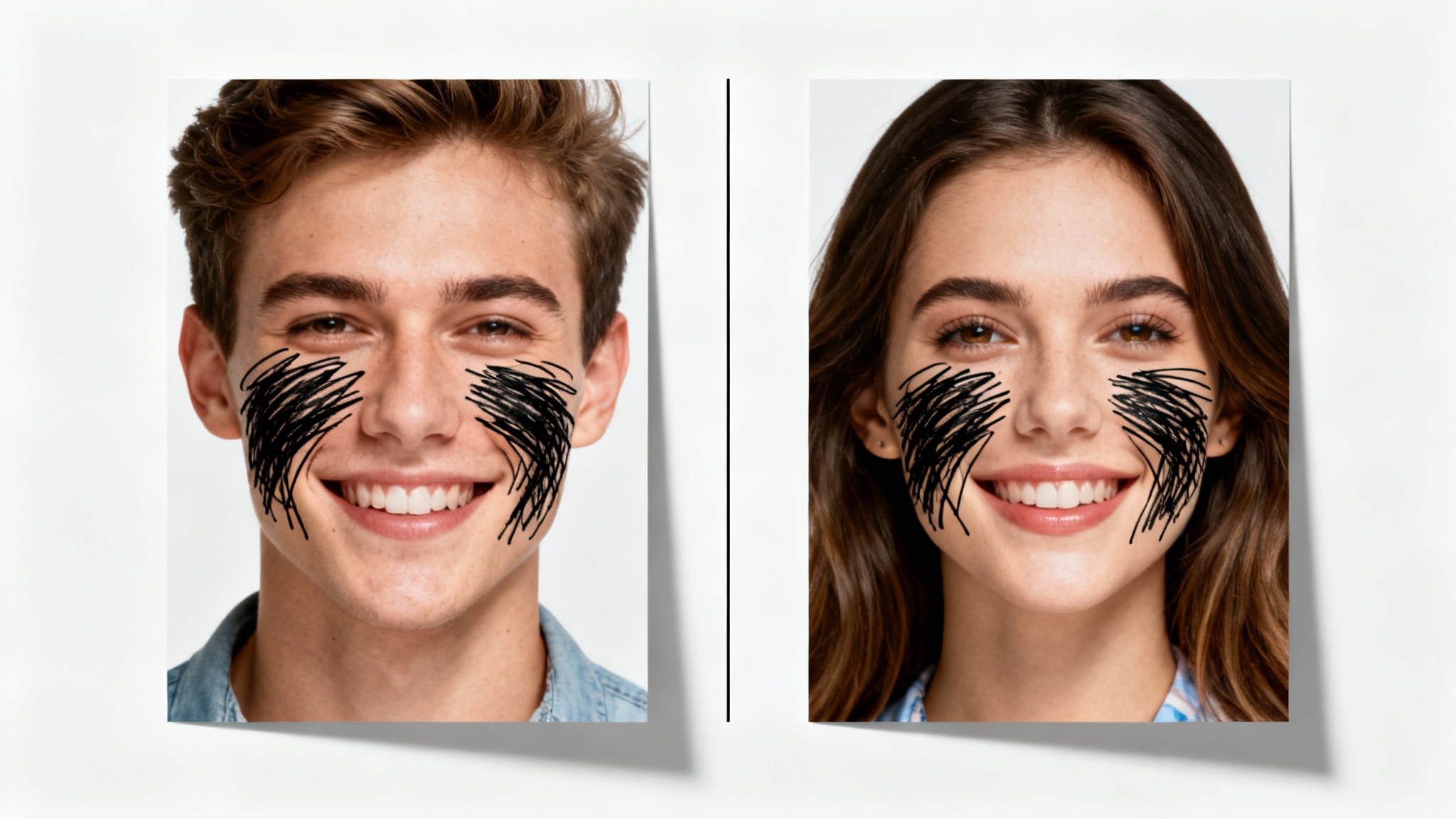 A before-and-after image demonstrating a marker removal tool. The left side shows a photo of a couple with black marker scribbled over it, while the right side shows the same photo perfectly clean and restored.