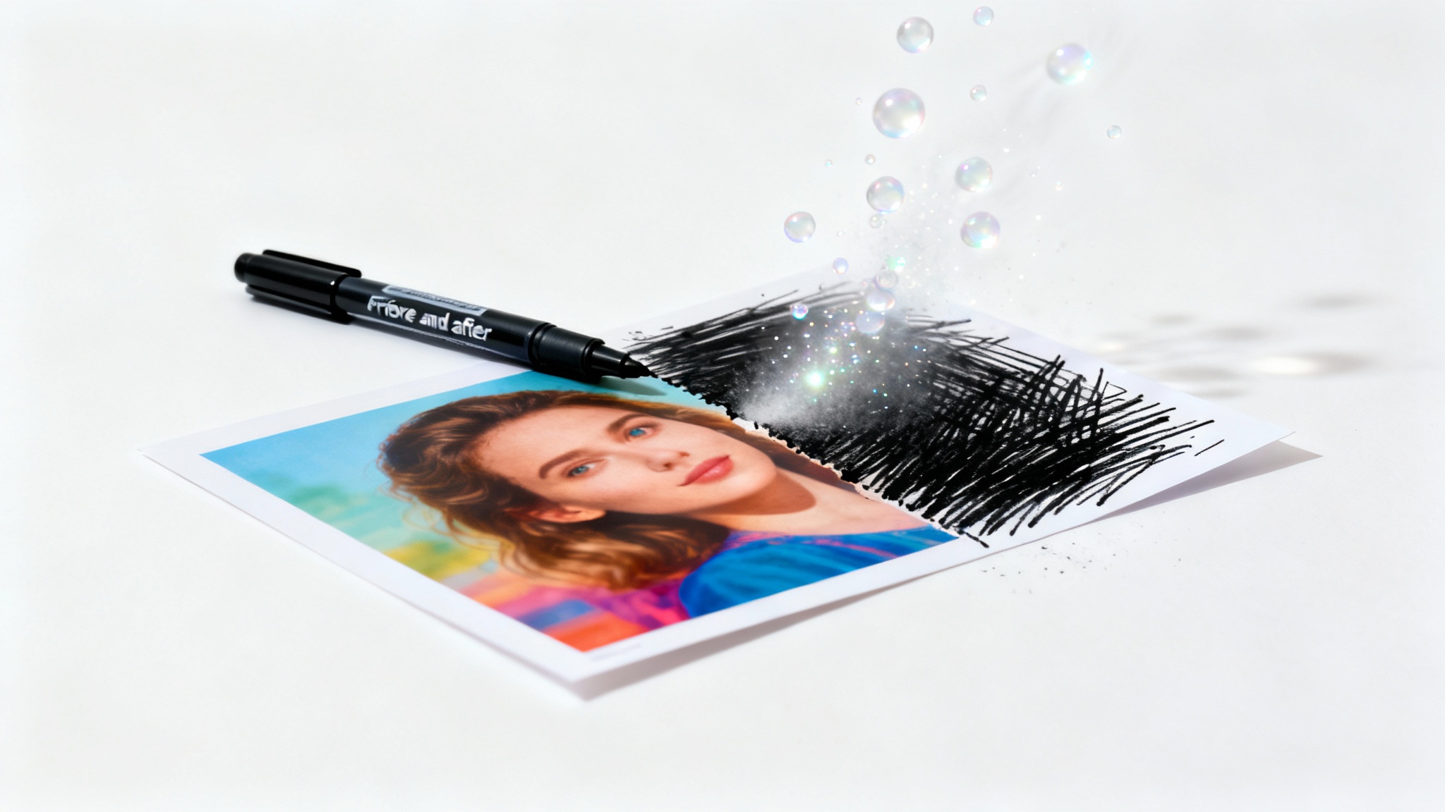 A photograph of a person's face being magically restored. A black marker scribble is visibly lifting off one side of the photo, revealing the clean, undamaged image beneath, all on a plain white background.