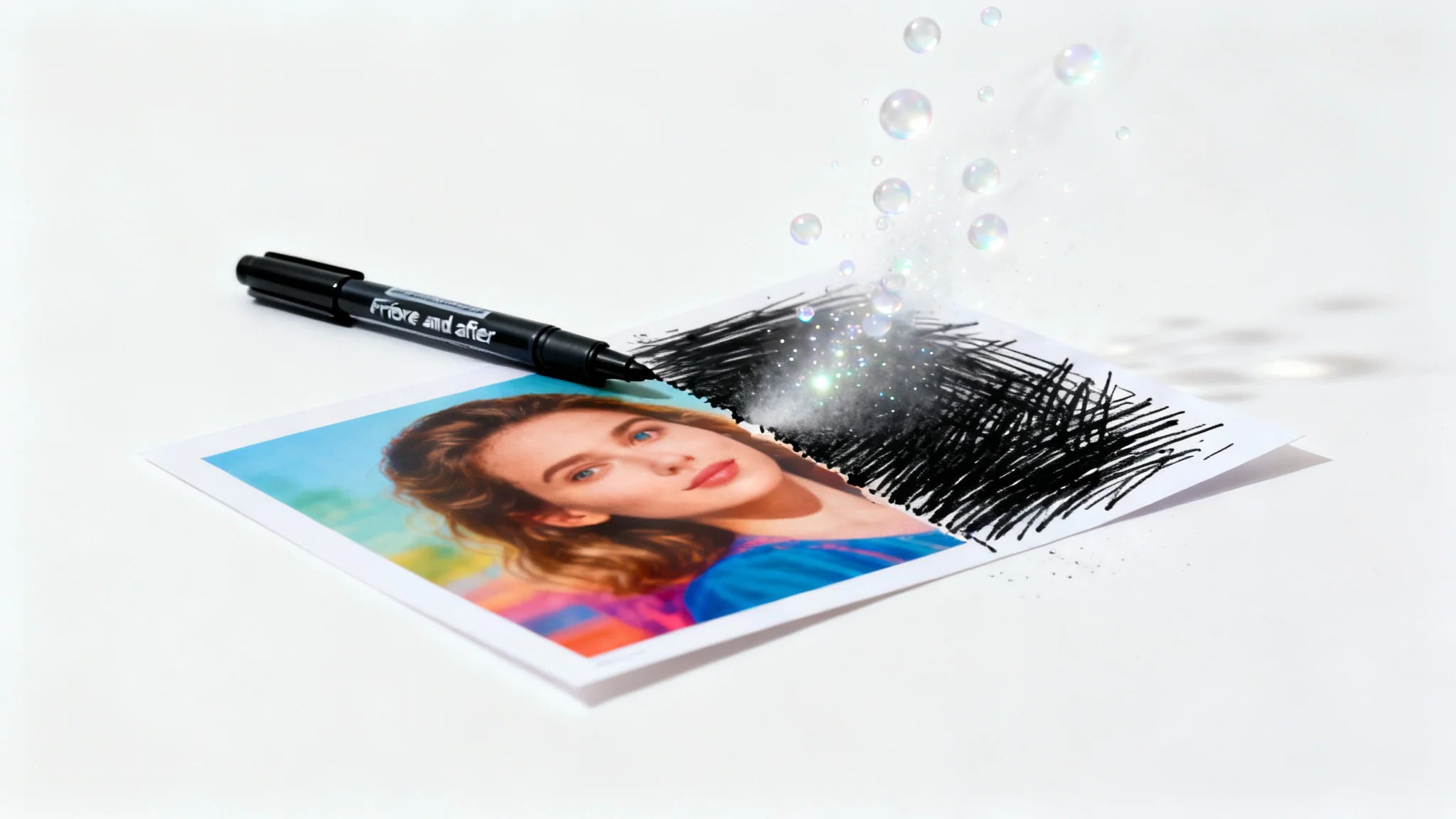A photograph of a person's face being magically restored. A black marker scribble is visibly lifting off one side of the photo, revealing the clean, undamaged image beneath, all on a plain white background.