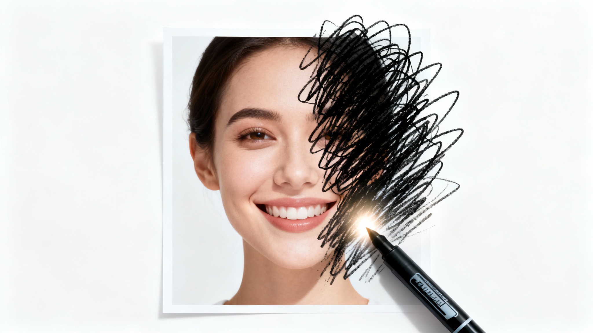 A photograph of a person's face, partially defaced with a black marker scribble. A glowing effect shows the marker being magically erased, revealing the clean, original photo underneath.