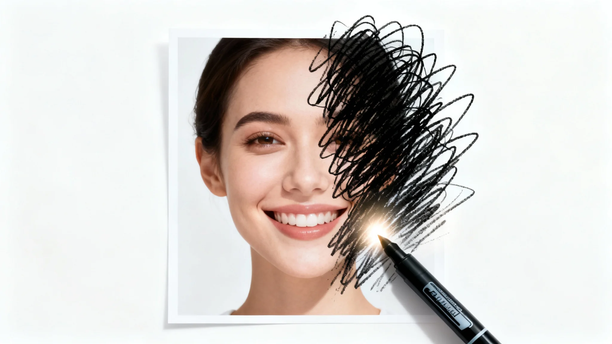 A photograph of a person's face, partially defaced with a black marker scribble. A glowing effect shows the marker being magically erased, revealing the clean, original photo underneath.