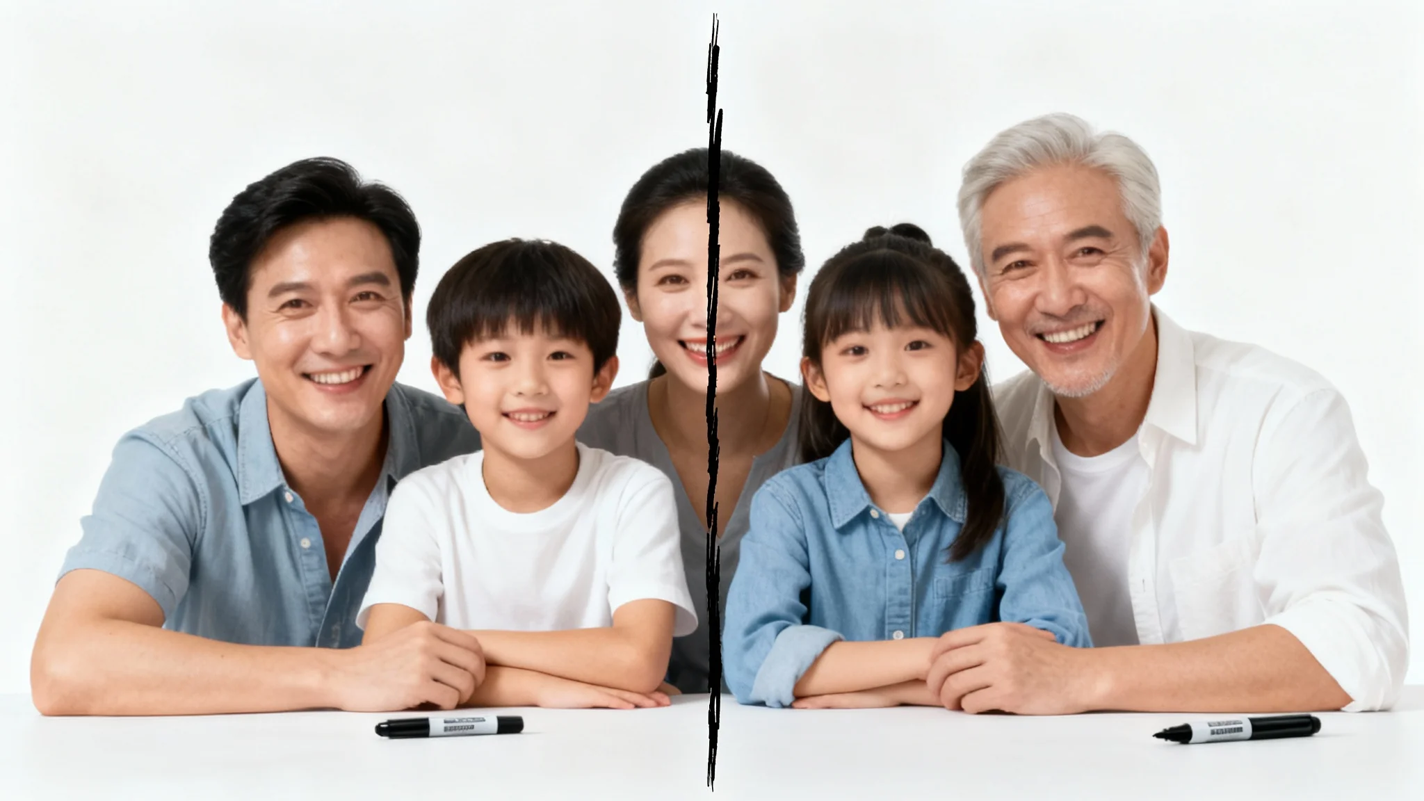 A photorealistic mockup demonstrating a marker removal effect. A family photo is shown, with the right half scribbled on by a black marker and the left half 보여주는 the photo perfectly clean and restored.