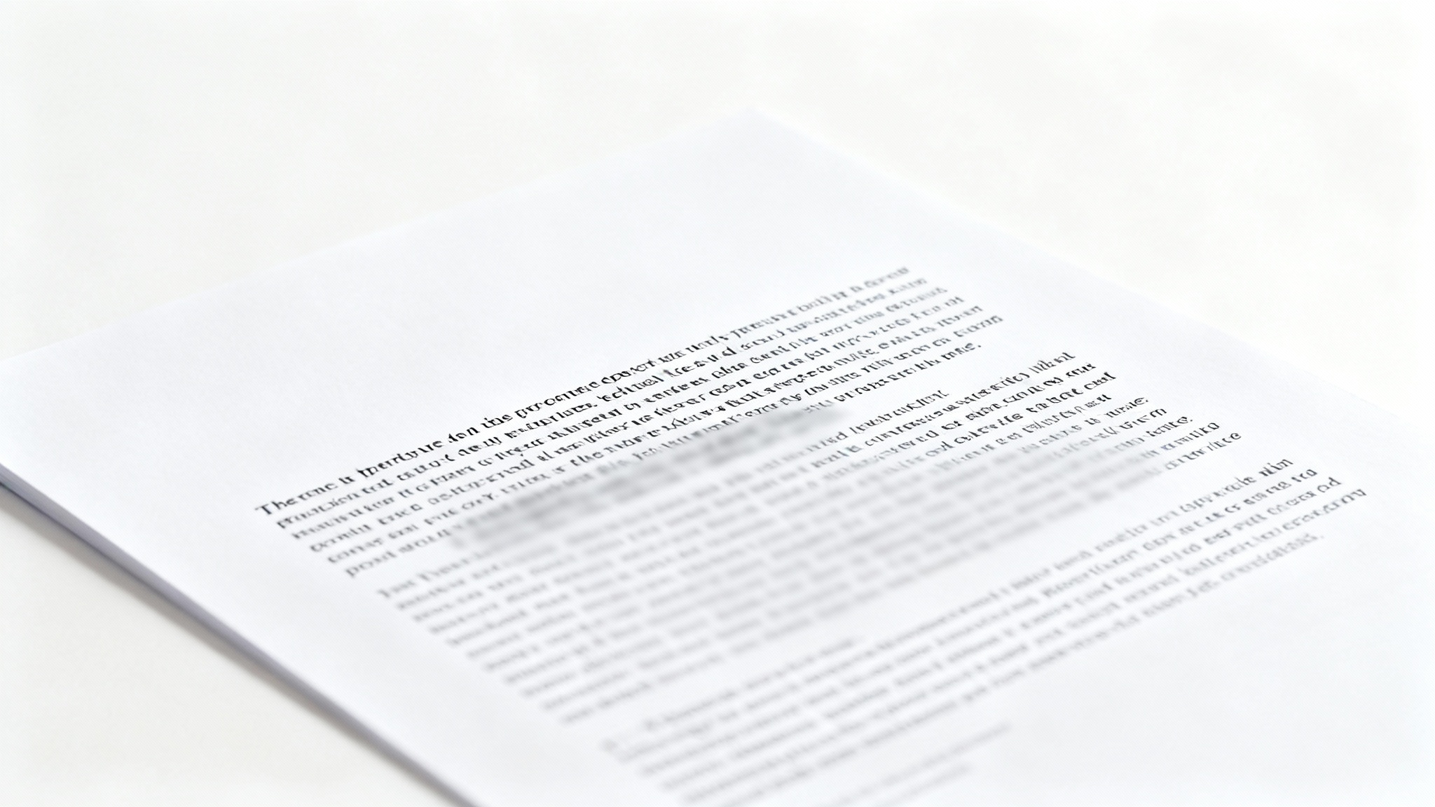A close-up of a document with several paragraphs of sharp text, where one paragraph has been digitally blurred to make it unreadable, on a clean white background.