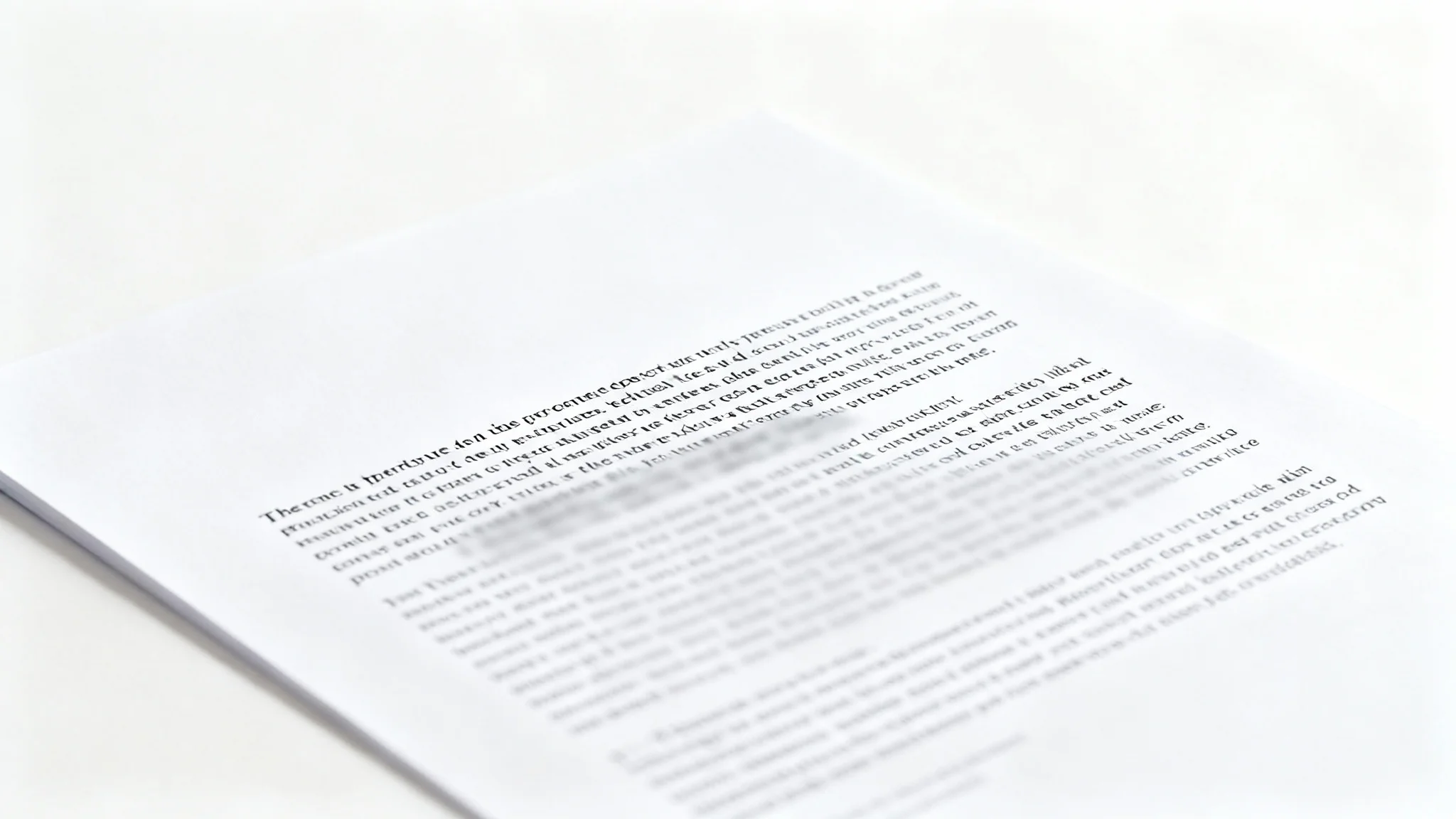 A close-up of a document with several paragraphs of sharp text, where one paragraph has been digitally blurred to make it unreadable, on a clean white background.