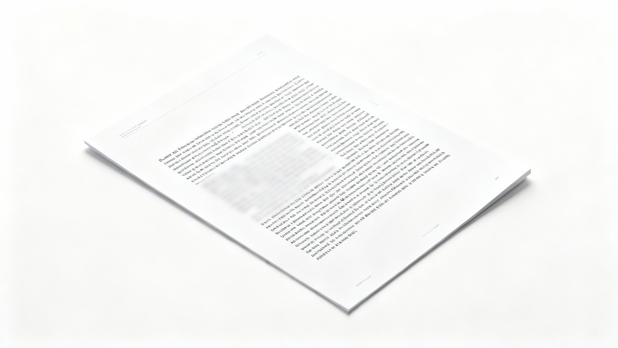 A photorealistic mockup showing a document on a white background, with a horizontal section of text blurred out to demonstrate a text blur feature.